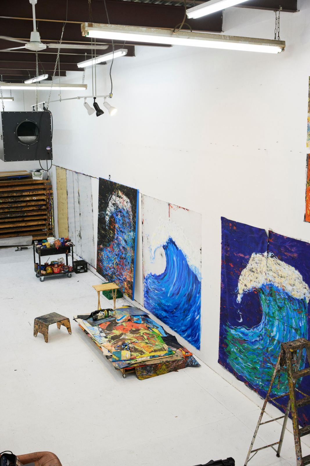 Three works in progress at Otero's studio featuring the wave motif (Photo: Winnie Au)