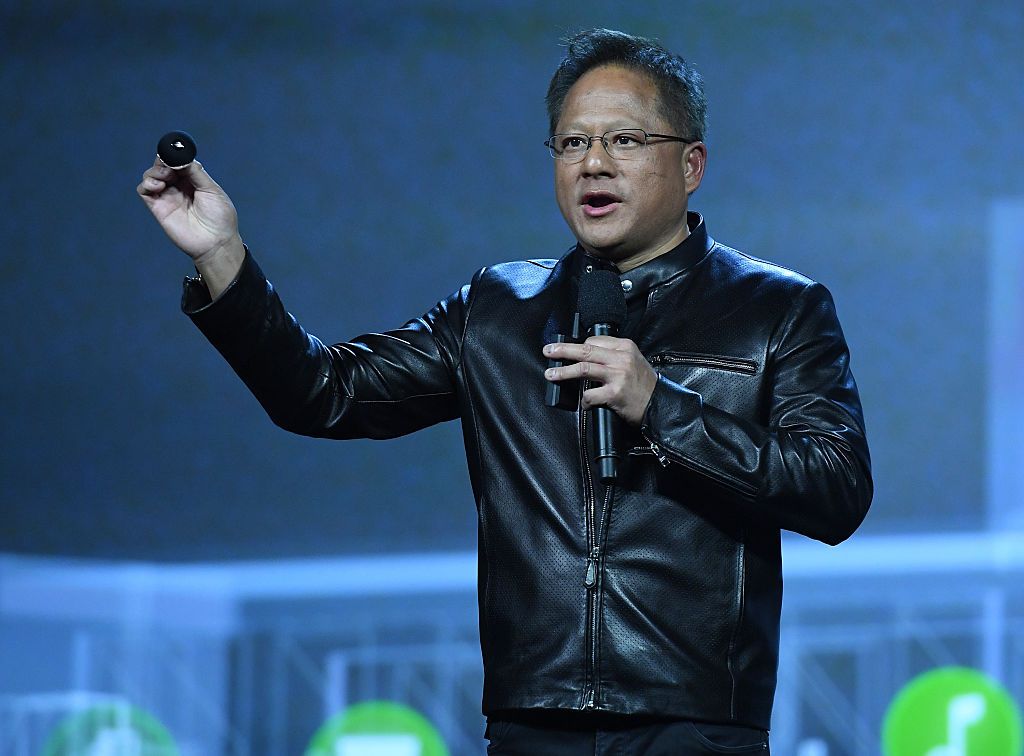 LAS VEGAS, NV - JANUARY 04: Nvidia Founder, President and CEO Jen-Hsun Huang introduces the Nvidia Spot, a USD 49.95 microphone and speaker that will let owners use Google Assistant anywhere in a home, as he delivers a keynote address at CES 2017 at The Venetian Las Vegas on January 4, 2017 in Las Vegas, Nevada. CES, the world's largest annual consumer technology trade show, runs from January 5-8 and is expected to feature 3,800 exhibitors showing off their latest products and services to more than 165,000