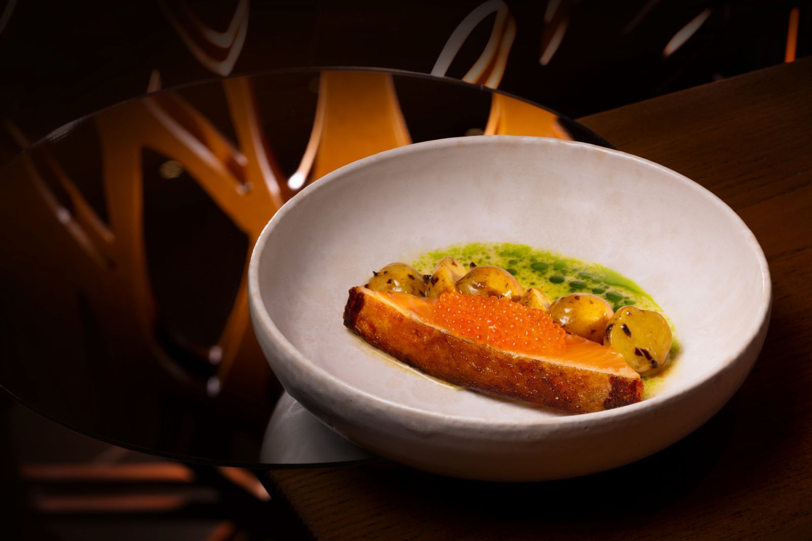 Roasted Ora King salmon with buttermilk, mussel and kombu-glazed Noirmoutier potato