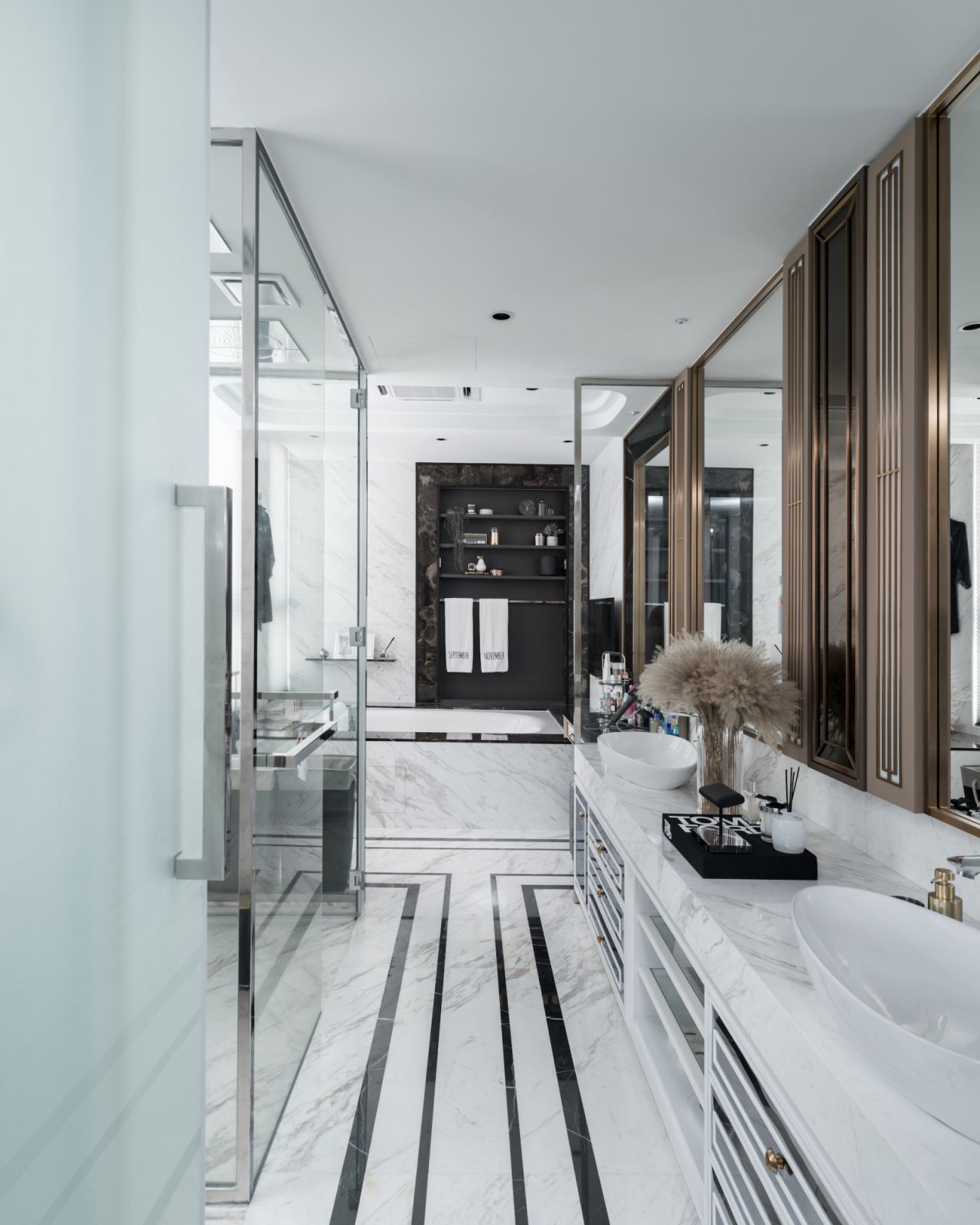Marble was favoured in the master bathroom