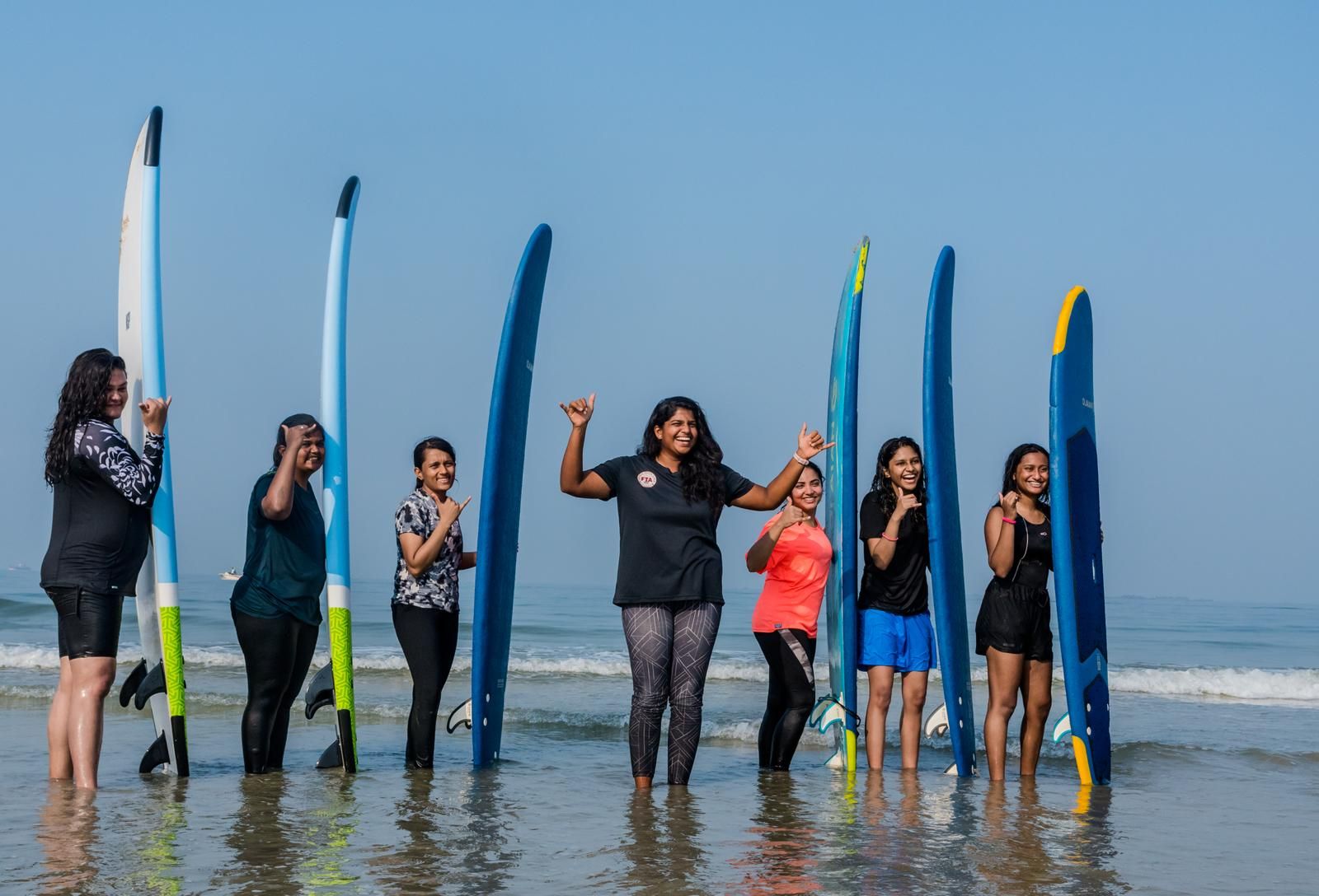 Tanvi Jagadish teaching surfing to women at the Kadal Surf School (Photo: courtesy of Tanvi Jagadish)
