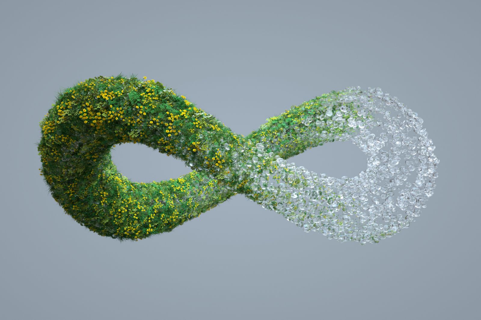 Digital generated image of green infinity sign made out of leaves and flowers transforming into water drops on grey background. Biofuel transformation process.