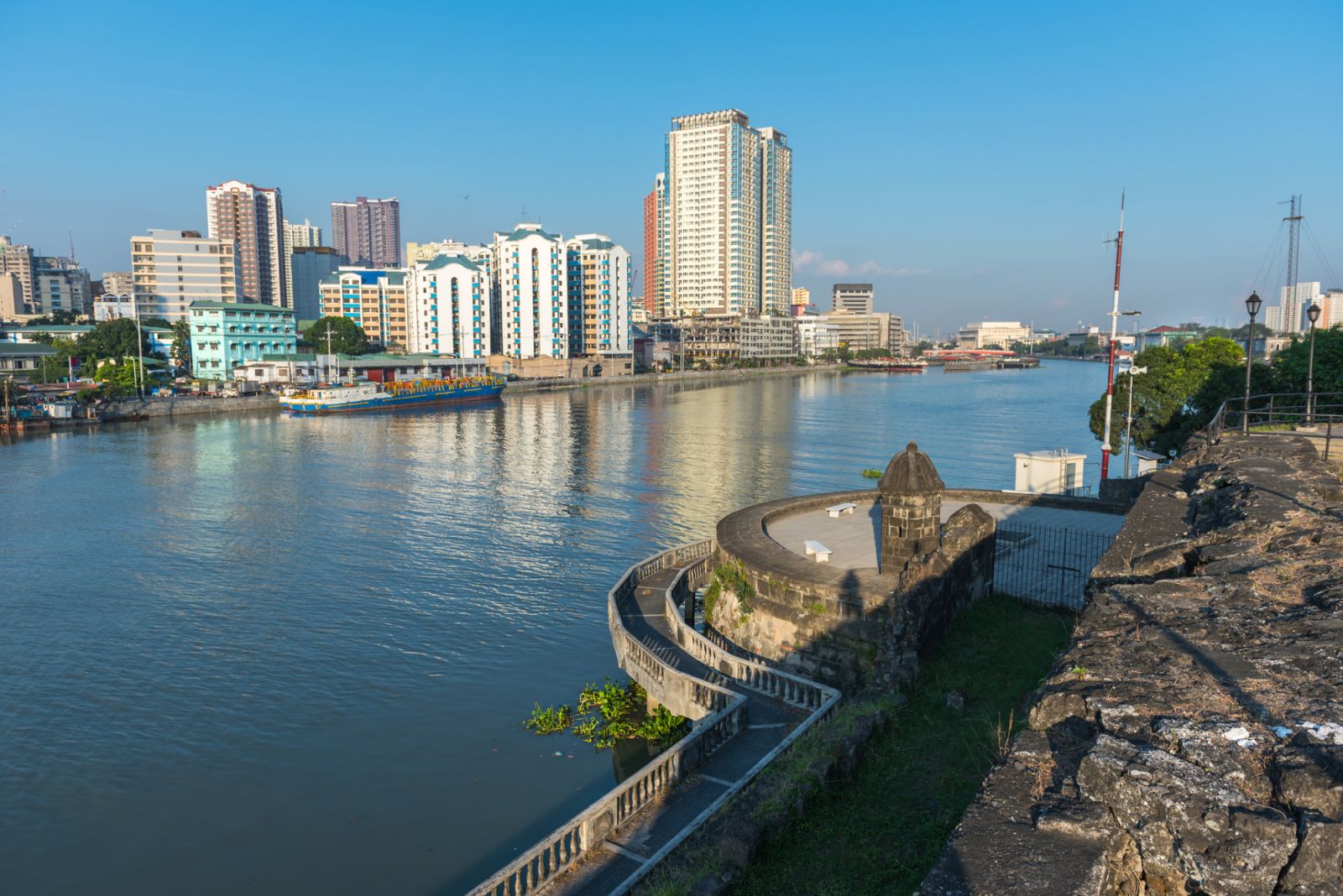The view of Fort Santiago and buildings along the Pasay River, Intramuros, Manila, The Philippines.