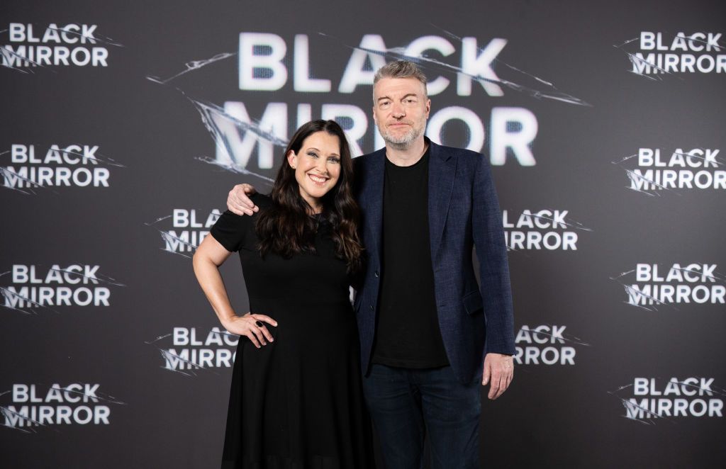 LONDON, ENGLAND - JUNE 12: (L-R) Jessica Rhoades and Charlie Brooker attend the BFI Screening of Black Mirror - Beyond the Sea at BFI Southbank on June 12, 2023 in London, England. (Photo by Jeff Spicer/Getty Images)