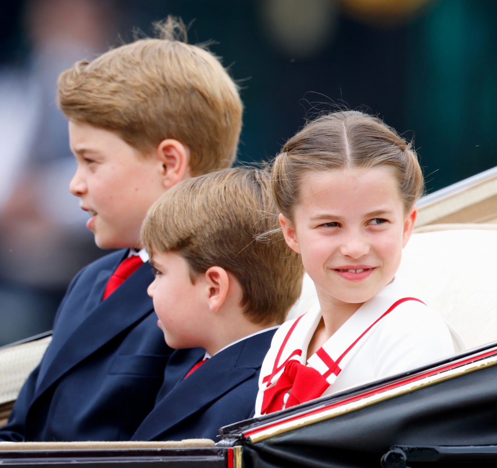 LONDON, UNITED KINGDOM - JUNE 17: (EMBARGOED FOR PUBLICATION IN UK NEWSPAPERS UNTIL 24 HOURS AFTER CREATE DATE AND TIME) Prince George of Wales, Prince Louis of Wales and Princess Charlotte of Wales depart Buckingham Palace in a horse drawn carriage to attend Trooping the Colour on June 17, 2023 in London, England. Trooping the Colour is a traditional military parade held at Horse Guards Parade to mark the British Sovereign's official birthday. It will be the first Trooping the Colour held for King Charles