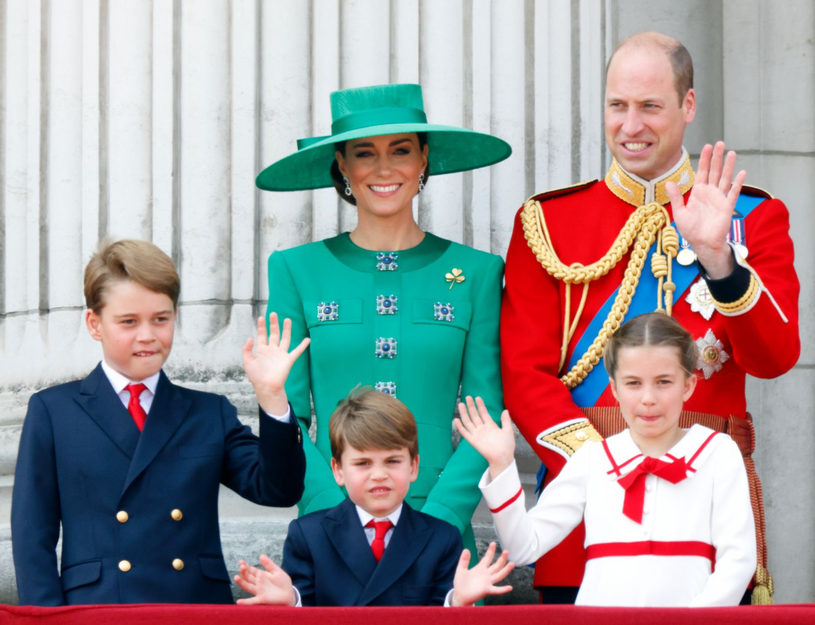 LONDON, UNITED KINGDOM - JUNE 17: (EMBARGOED FOR PUBLICATION IN UK NEWSPAPERS UNTIL 24 HOURS AFTER CREATE DATE AND TIME) Prince George of Wales, Prince Louis of Wales, Catherine, Princess of Wales (Colonel of the Irish Guards), Princess Charlotte of Wales and Prince William, Prince of Wales (Colonel of the Welsh Guards) watch an RAF flypast from the balcony of Buckingham Palace during Trooping the Colour on June 17, 2023 in London, England. Trooping the Colour is a traditional military parade held at Horse