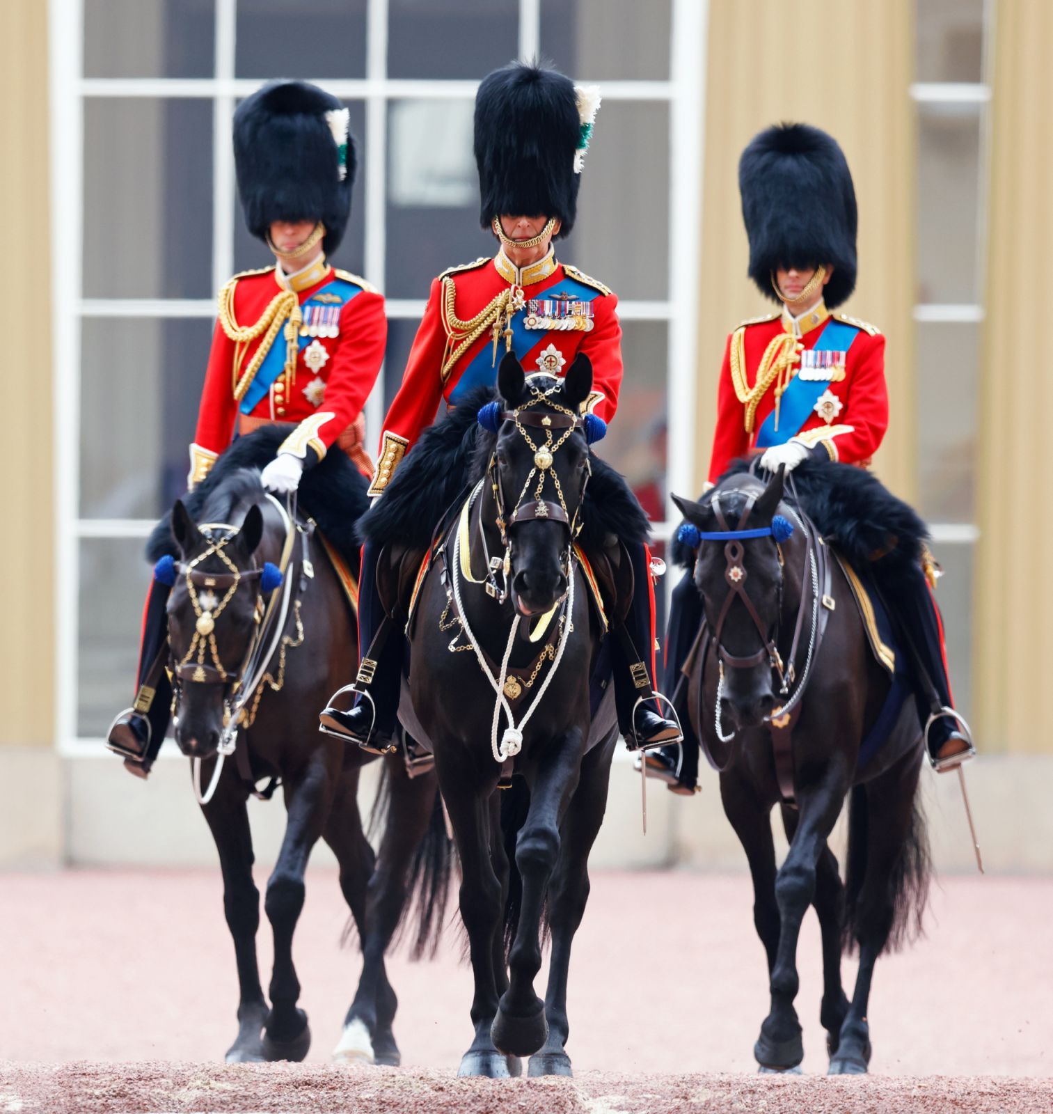 LONDON, UNITED KINGDOM - JUNE 17: (EMBARGOED FOR PUBLICATION IN UK NEWSPAPERS UNTIL 24 HOURS AFTER CREATE DATE AND TIME) King Charles III (C), wearing his Welsh Guards uniform, Prince William, Prince of Wales (Colonel of the Welsh Guards) (L) and Prince Edward, Duke of Edinburgh (Colonel of The London Guards) (R) depart Buckingham Palace on horseback to attend Trooping the Colour on June 17, 2023 in London, England. Trooping the Colour is a traditional military parade held at Horse Guards Parade to mark the