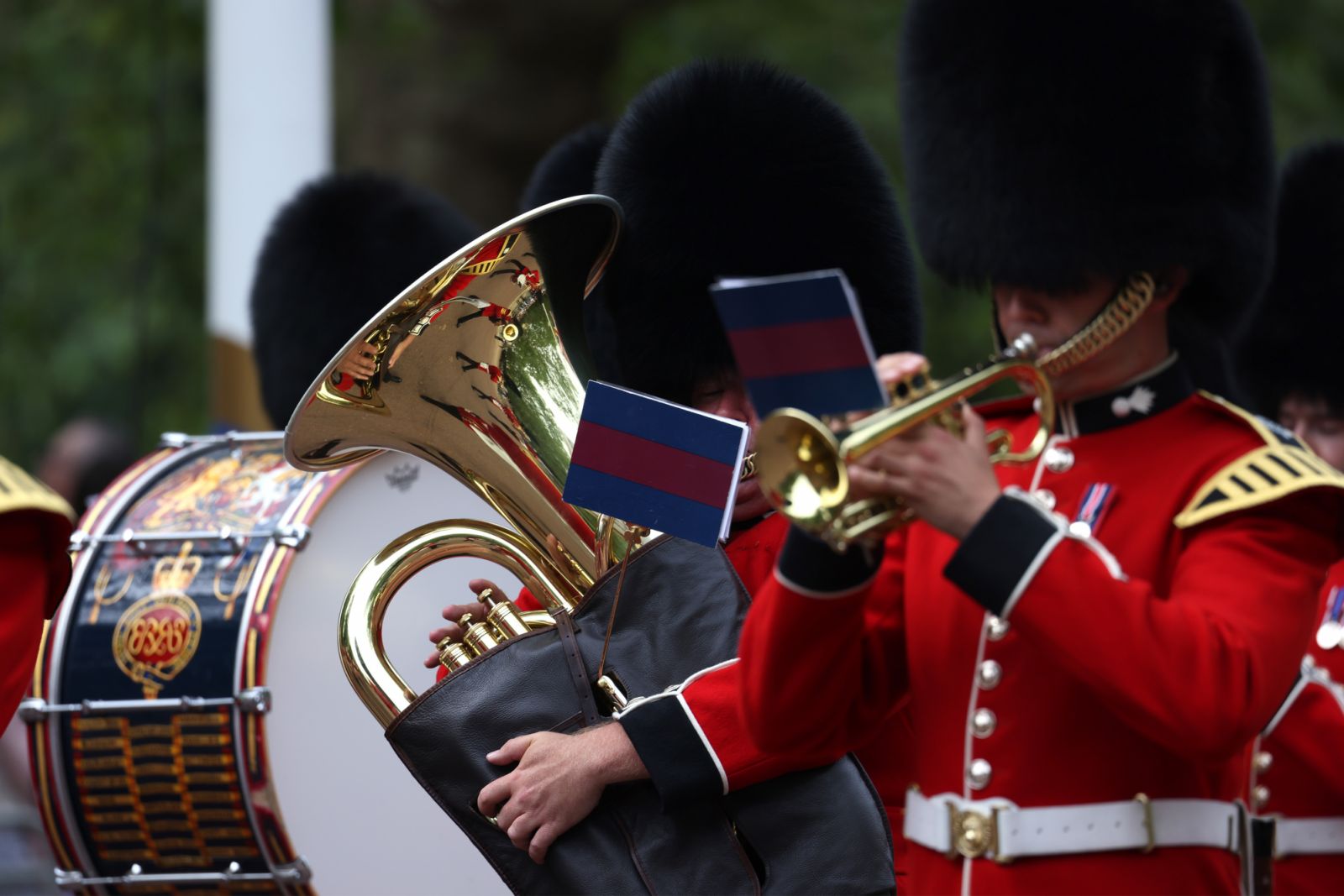 LONDON, ENGLAND - JUNE 17: Members of the band head down The Mall during Trooping the Colour on June 17, 2023 in London, England. Trooping the Colour is a traditional parade held to mark the British Sovereign's official birthday. It will be the first Trooping the Colour held for King Charles III since he ascended to the throne. (Photo by Neil Mockford/Getty Images)