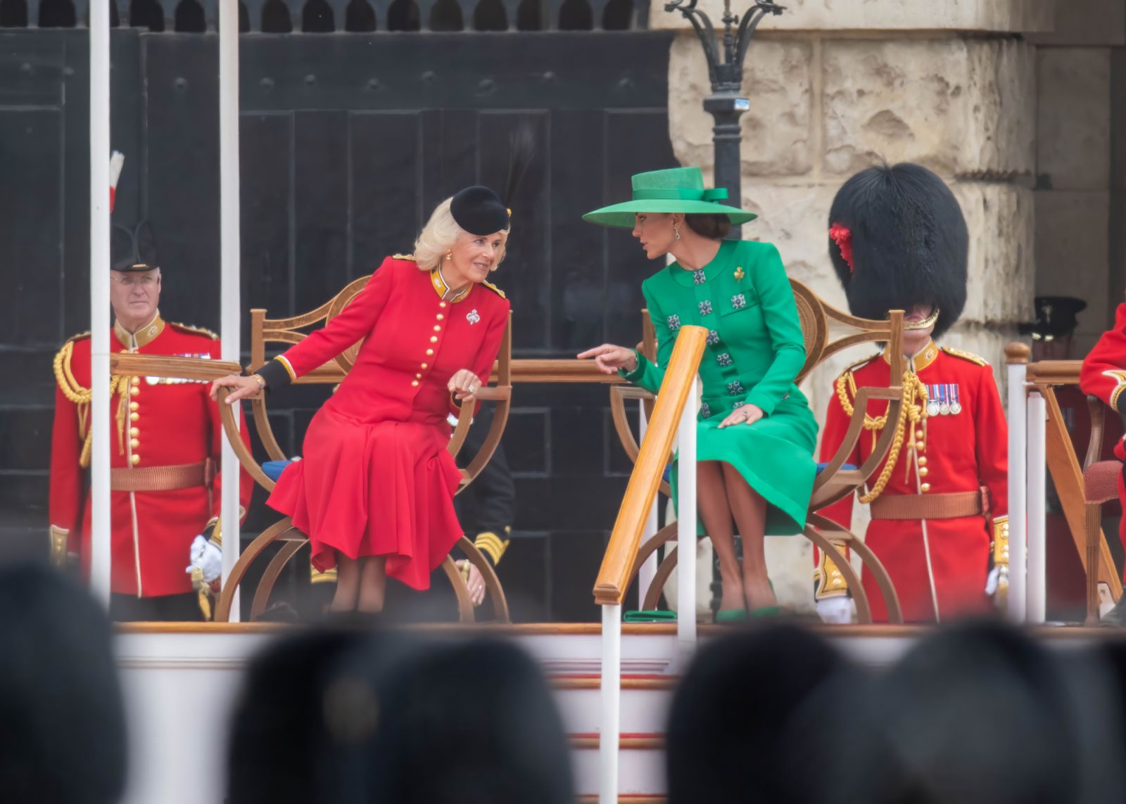 LONDON, ENGLAND - JUNE 17: Queen Camilla, Catherine, Princess of Wales during Trooping the Colour on June 17, 2023 in London, England. Trooping the Colour is a traditional parade held to mark the British Sovereign's official birthday. It will be the first Trooping the Colour held for King Charles III since he ascended to the throne. (Photo by Antony Jones/Getty Images)