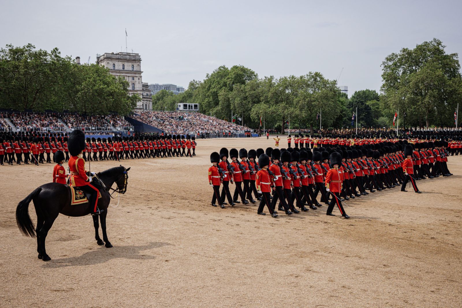 LONDON, ENGLAND - JUNE 17: Guardsmen parade during Trooping the Colour on June 17, 2023 in London, England. Trooping the Colour is a traditional parade held to mark the British Sovereign's official birthday. It will be the first Trooping the Colour held for King Charles III since he ascended to the throne. (Photo by Rob Pinney/Getty Images)