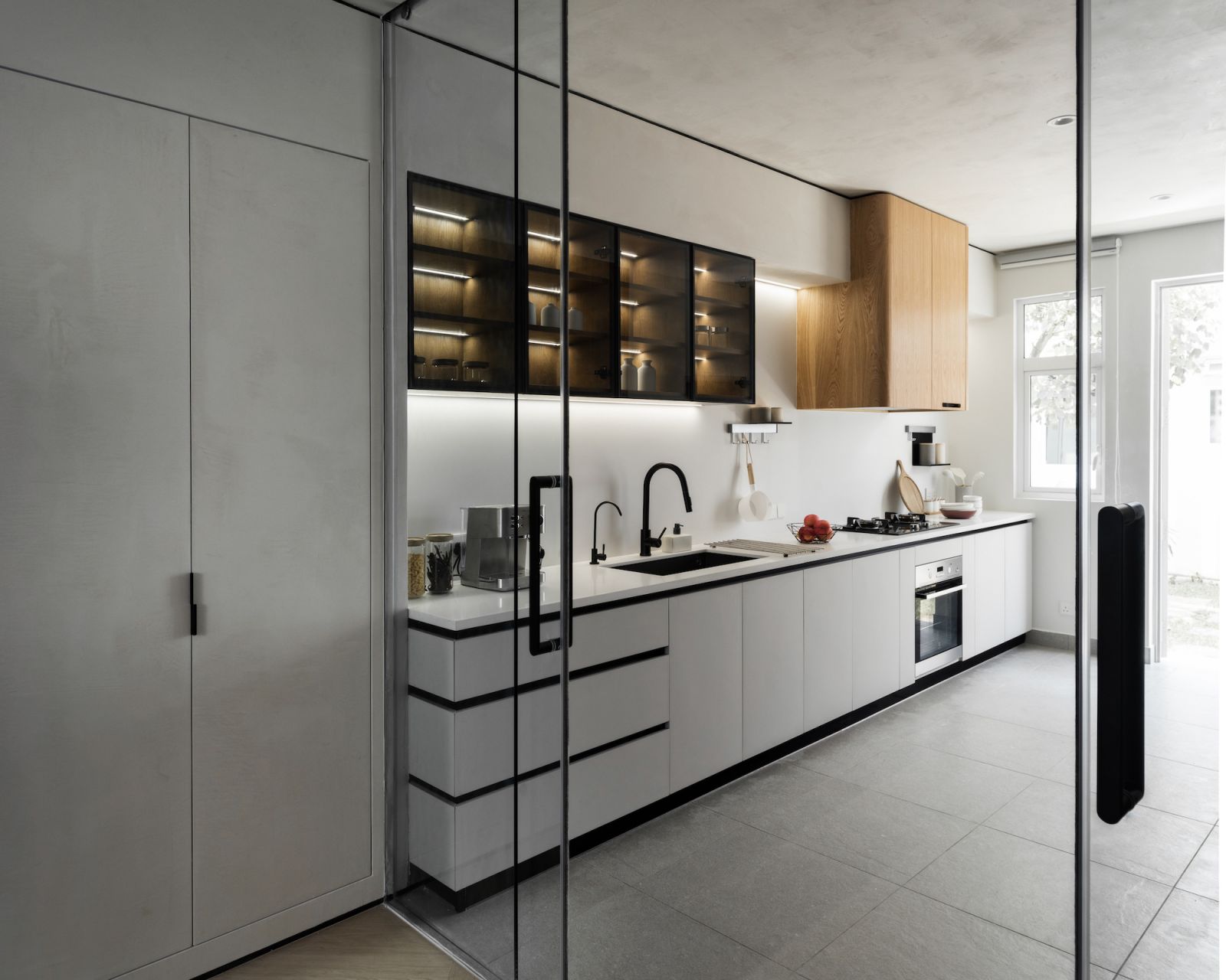 The kitchen has clean lines