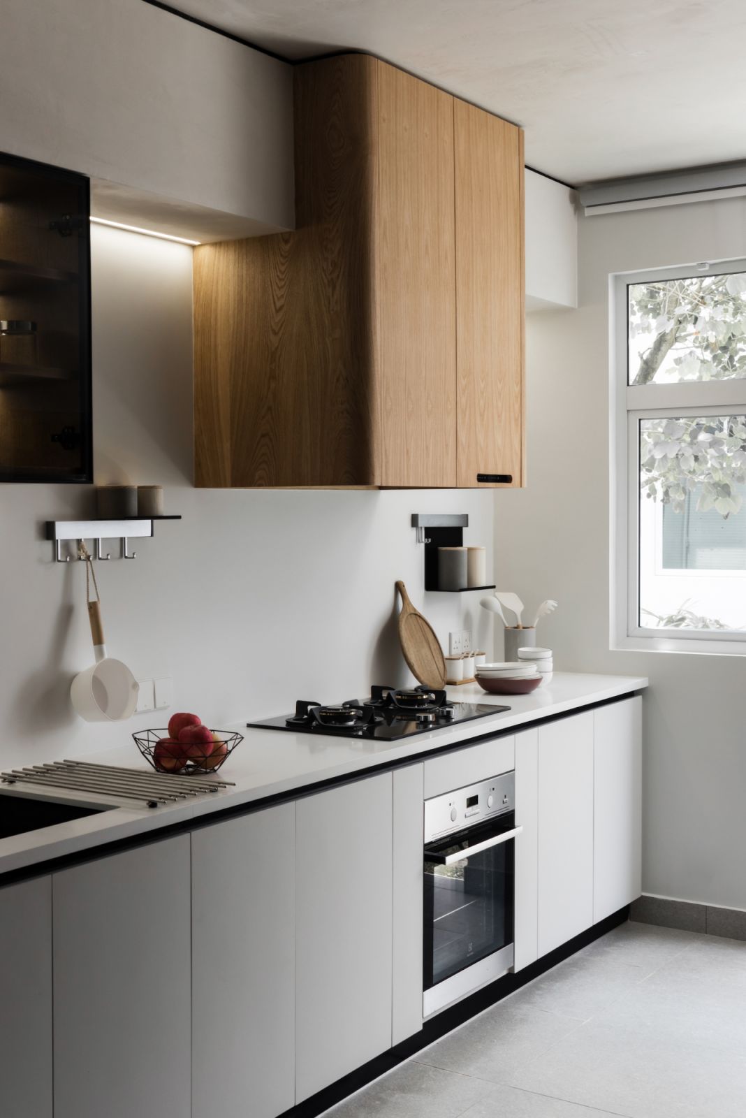 The kitchen has clean lines