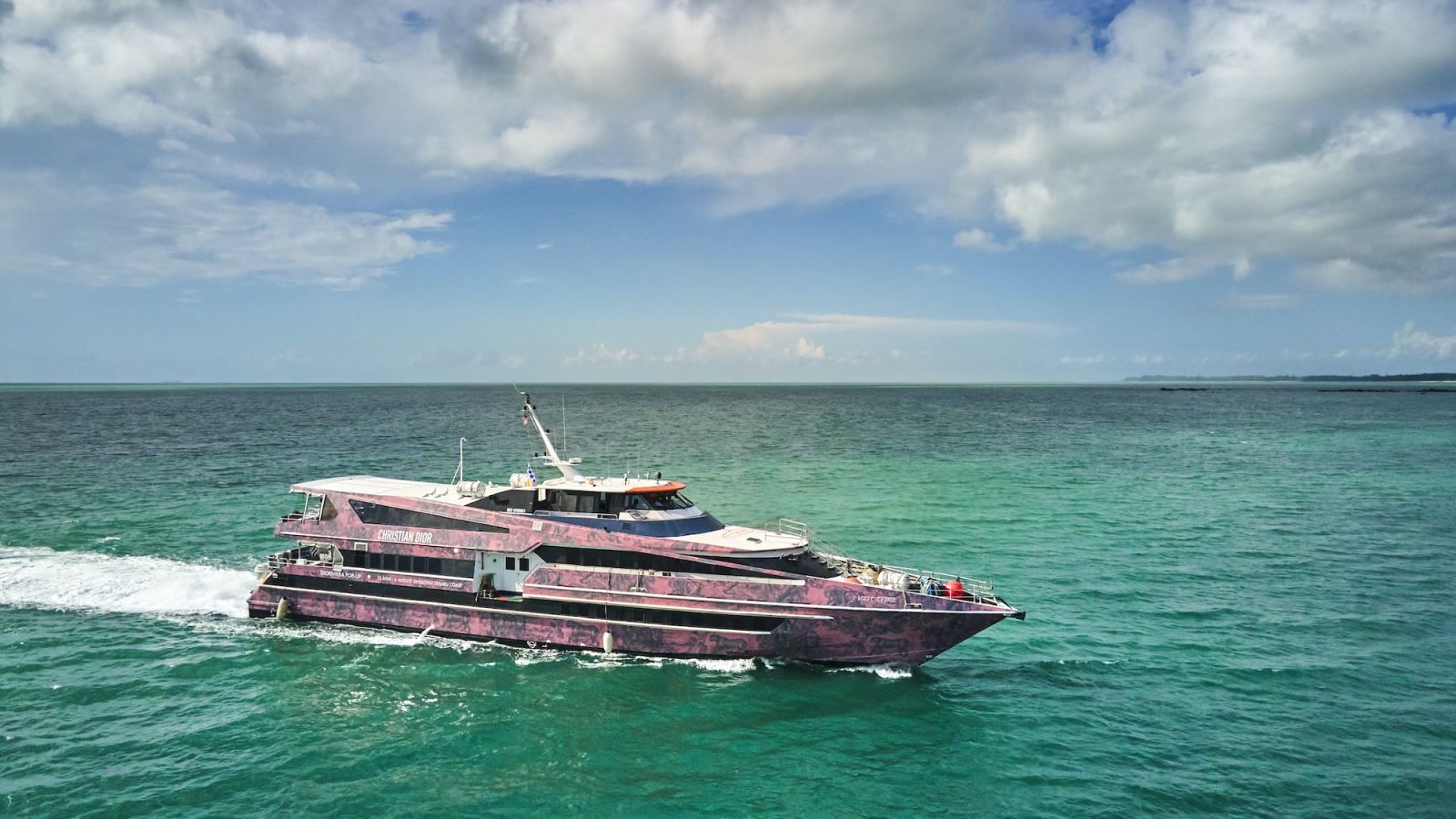 The Dioriviera ferry is adorned in pink goes from Tanah Merah ferry terminal , Singapore to Desaru Coast ferry terminal , Johor