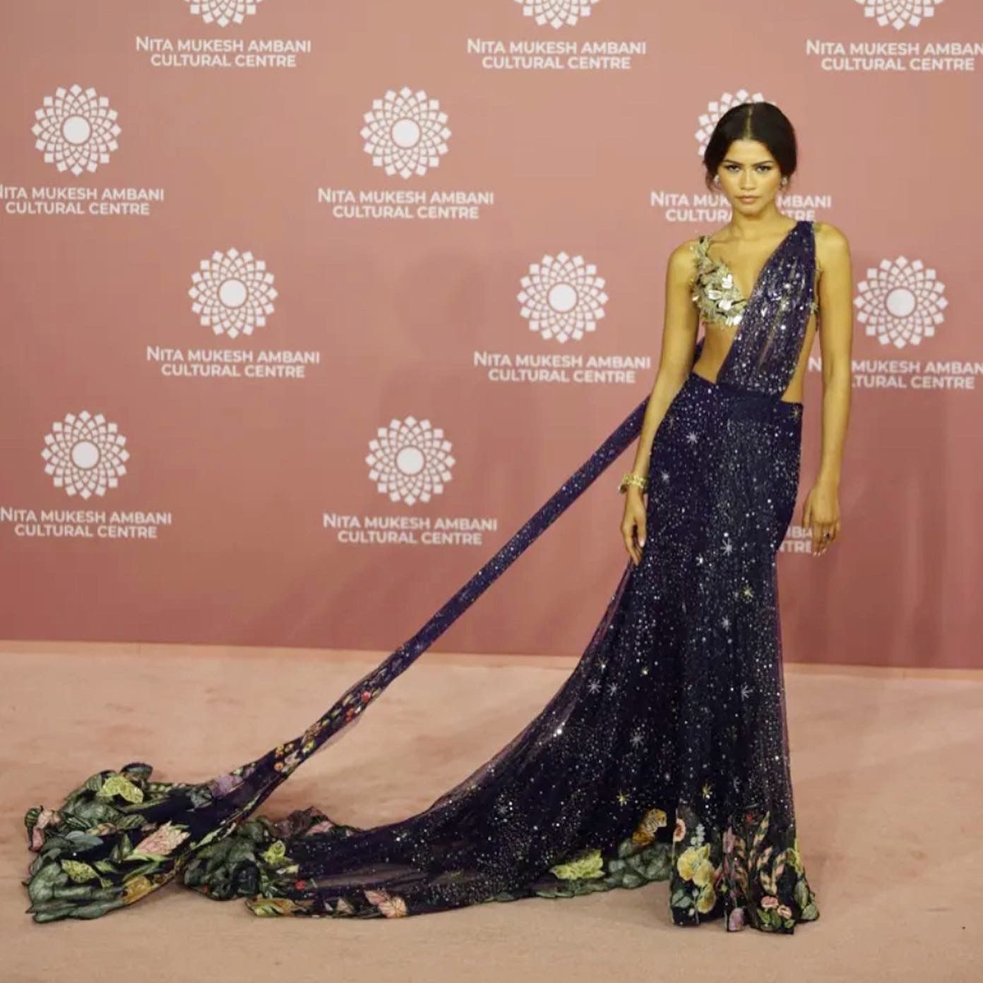 Zendaya's in Mishra's hand embroidered ‘Verdure’ saree gown with the ‘Flying Cranes’ bralette at the opening of the NMACC, Mumbai (Photo: courtesy Rahul Mishra)