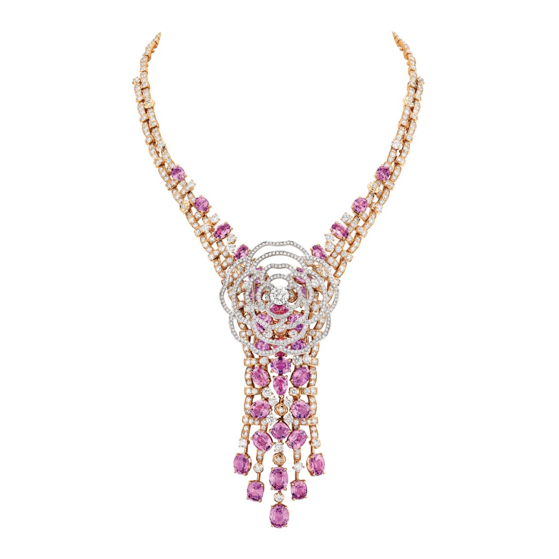 Tweed Camélia necklace in pink gold, white gold, diamonds and pink sapphires (Photo: courtesy of Chanel)