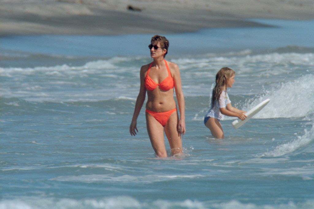 Princess Diana (1961 - 1997) in the surf off the Island of Nevis, during a Caribbean holiday, 2nd January 1993.(Photo by Thierry Orban/Sygma via Getty Images)