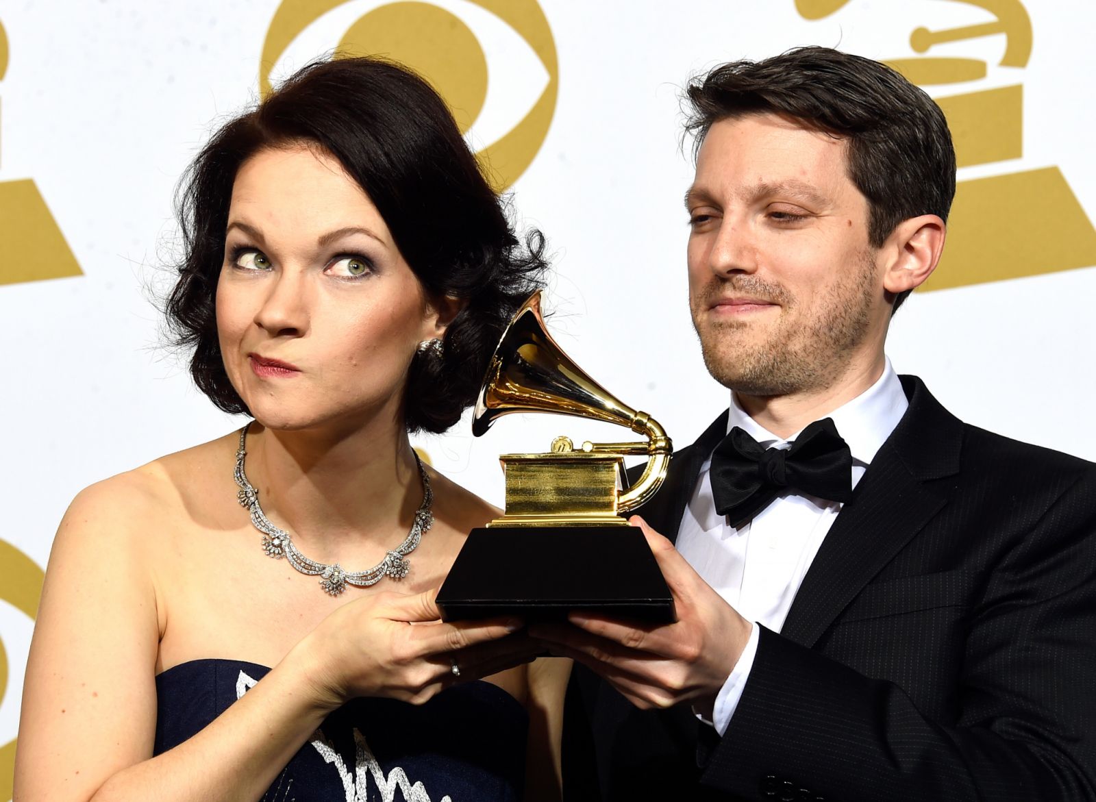 LOS ANGELES, CA - FEBRUARY 08: Musicians Hilary Hahn (L) and Cory Smythe, winners of Best Chamber Music/Small Ensemble Performance for 'In 27 Pieces - The Hilary Hahn Encores,' pose in the press room during The 57th Annual GRAMMY Awards at the STAPLES Center on February 8, 2015 in Los Angeles, California. (Photo by Frazer Harrison/Getty Images)