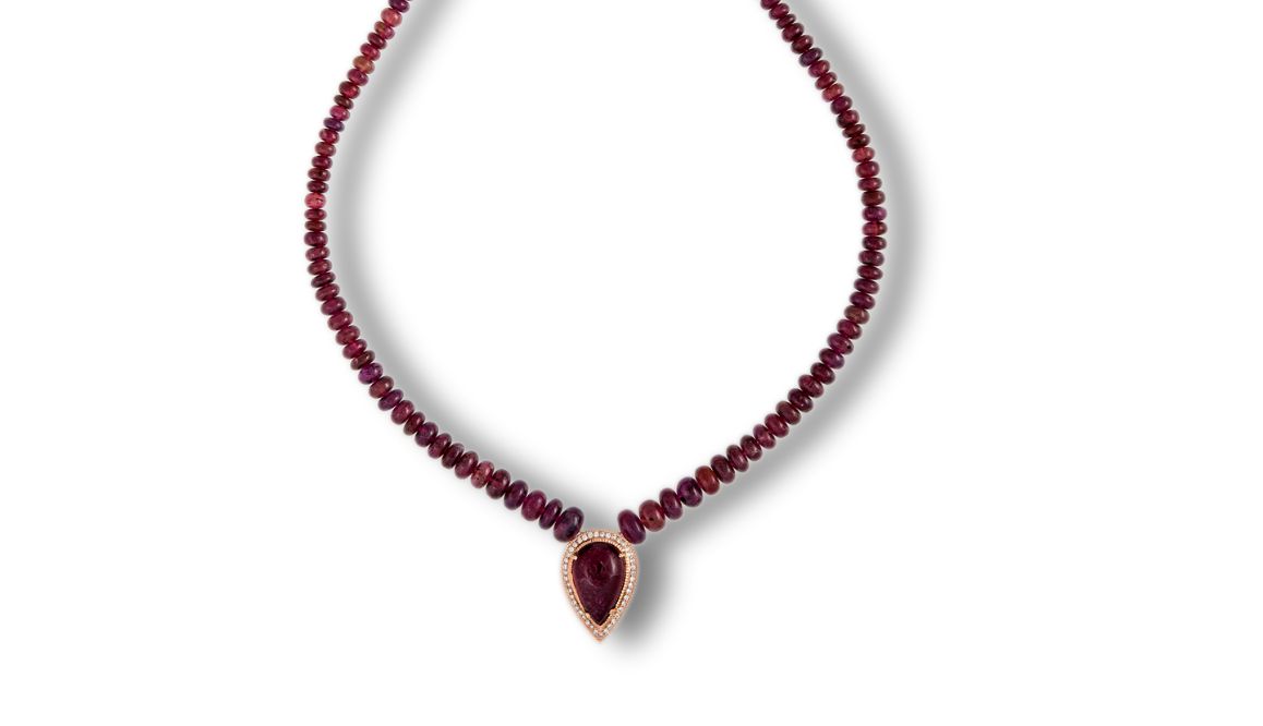 Jacquie Aiche RG pave dia ruby teardrop center graduated smooth ruby beaded necklace (Photo: courtesy of Jacquie Aiche)
