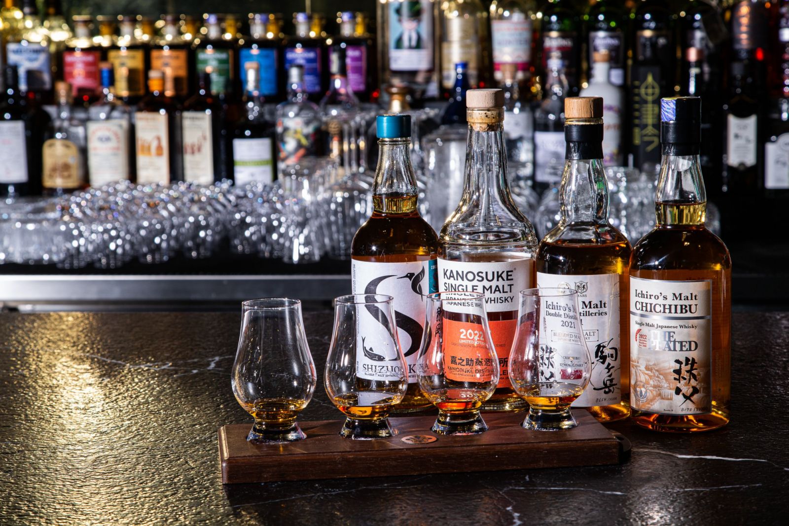 A flight of premium Japanese whiskies by boutique distilleries