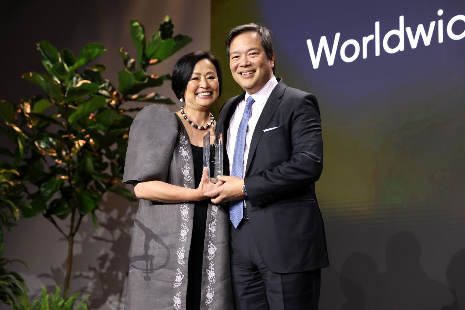 Sheila Lirio Marcelo and Manny Maceda onstage at the TAAF Heritage Heroes Awards Dinner at The Glasshouse on May 05, 2023 in New York City. (Photo by JP Yim/Getty Images for The Asian American Foundation)