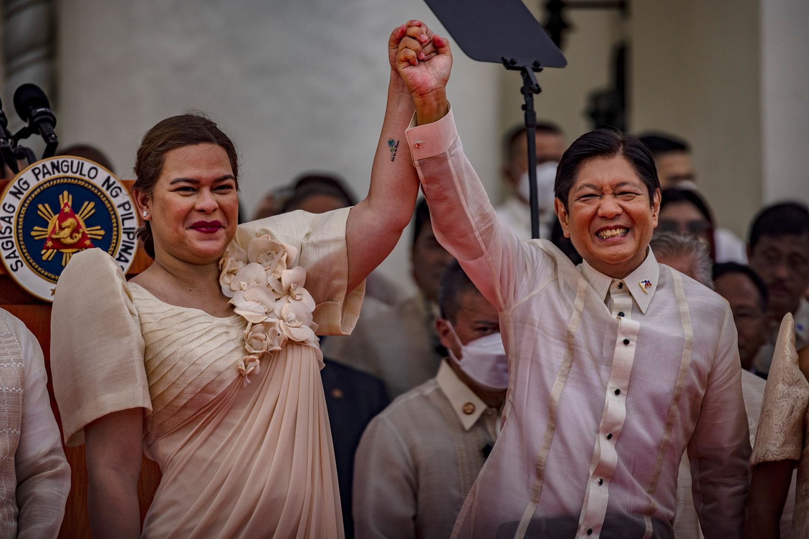 MANILA, PHILIPPINES - JUNE 30: Ferdinand "Bongbong" Marcos Jr., together with the new Vice President Sara Duterte, pose for pictures after taking his oath as the next President, at the National Museum of Fine Arts on June 30, 2022 in Manila, Philippines. Ferdinand "Bongbong" Marcos Jr. took his oath as the next Philippine President on Thursday, completing a once unthinkable political revival of his family 36 years after his dictator father, Ferdinand Marcos Sr., was ousted by millions of Filipinos in a peop