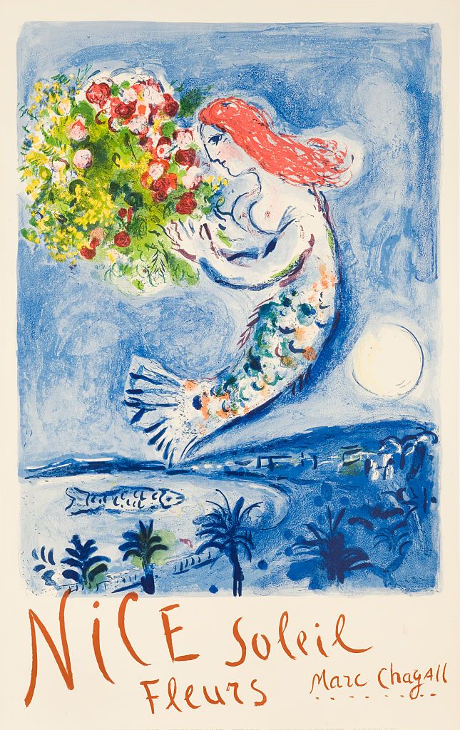 1961 poster published by the French Government, printed by Mourlot, Paris. Illustrated by Marc Chagall, mermaid holding bouquet of flowers floating above Mediterranean coast. (Photo by David Pollack/Corbis via Getty Images)