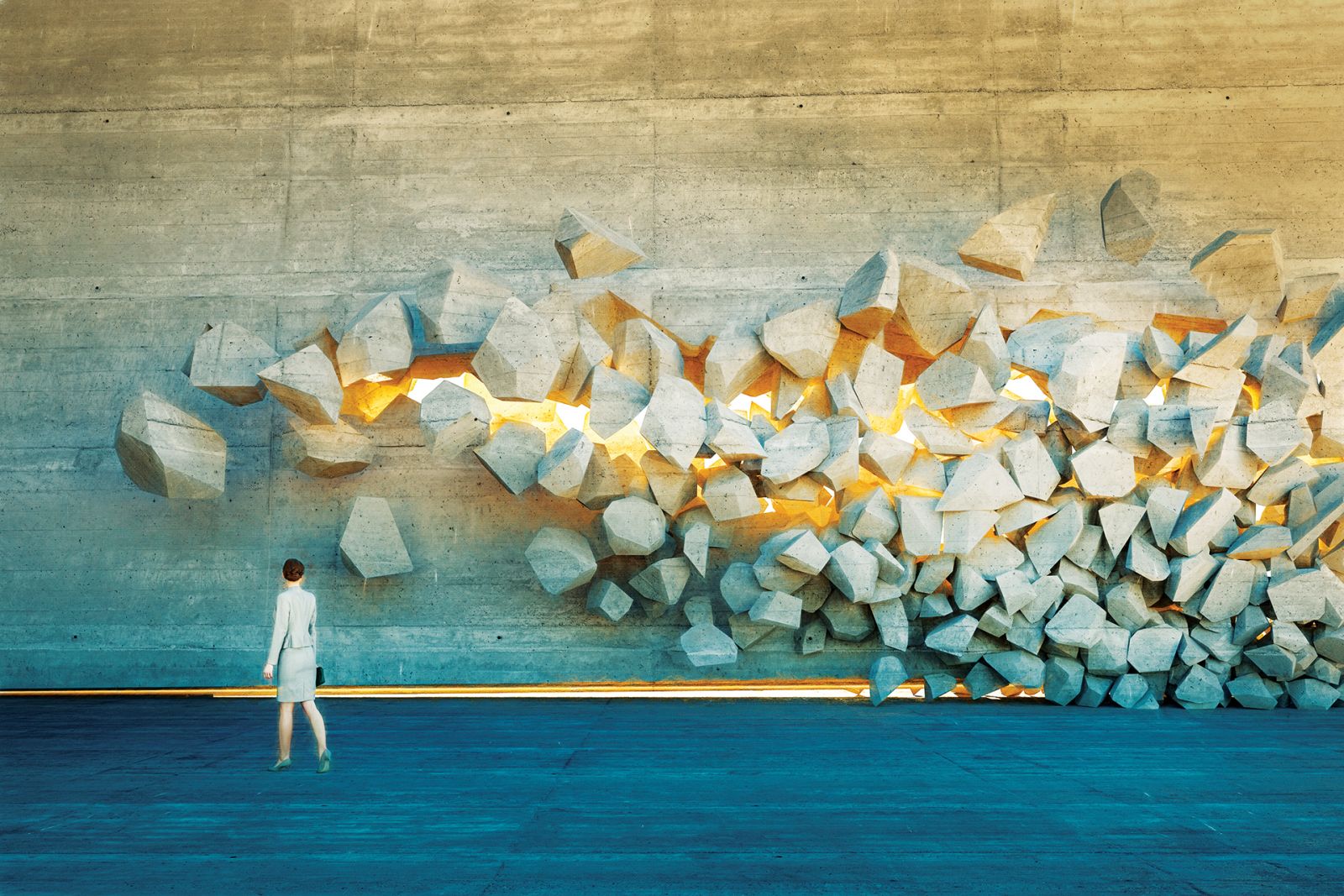 Businesswoman standing in front of breaking wall. This is entirely 3D generated image.