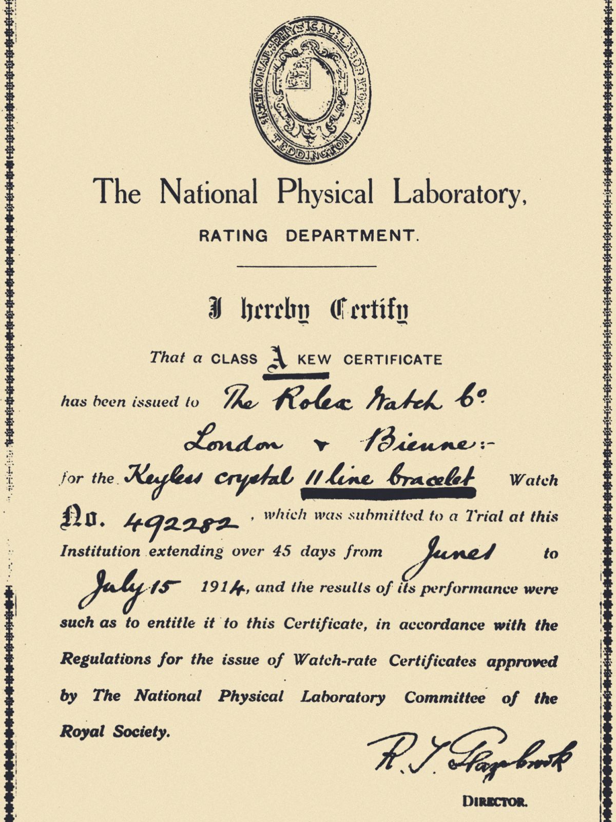A precision certificate attributed to a Rolex wristwatch by the Kew Observatory in 1914 (Photo: courtesy of Rolex)