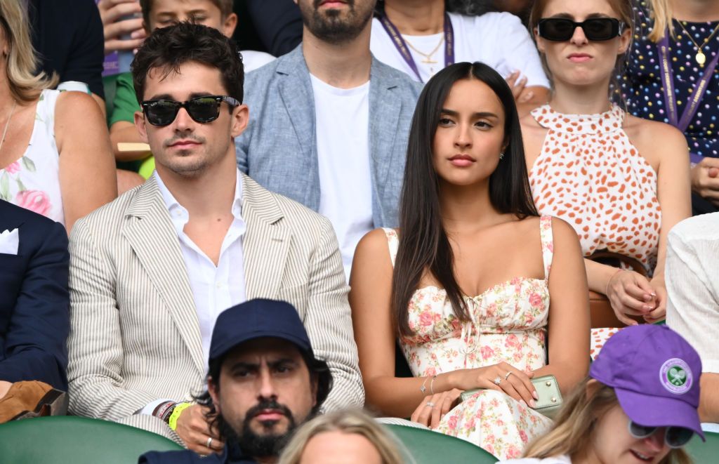 LONDON, ENGLAND - JULY 10: Charles Leclerc and Alexandra Saint Mleux attend day eight of the Wimbledon Tennis Championships at All England Lawn Tennis and Croquet Club on July 10, 2023 in London, England. (Photo by Karwai Tang/WireImage)