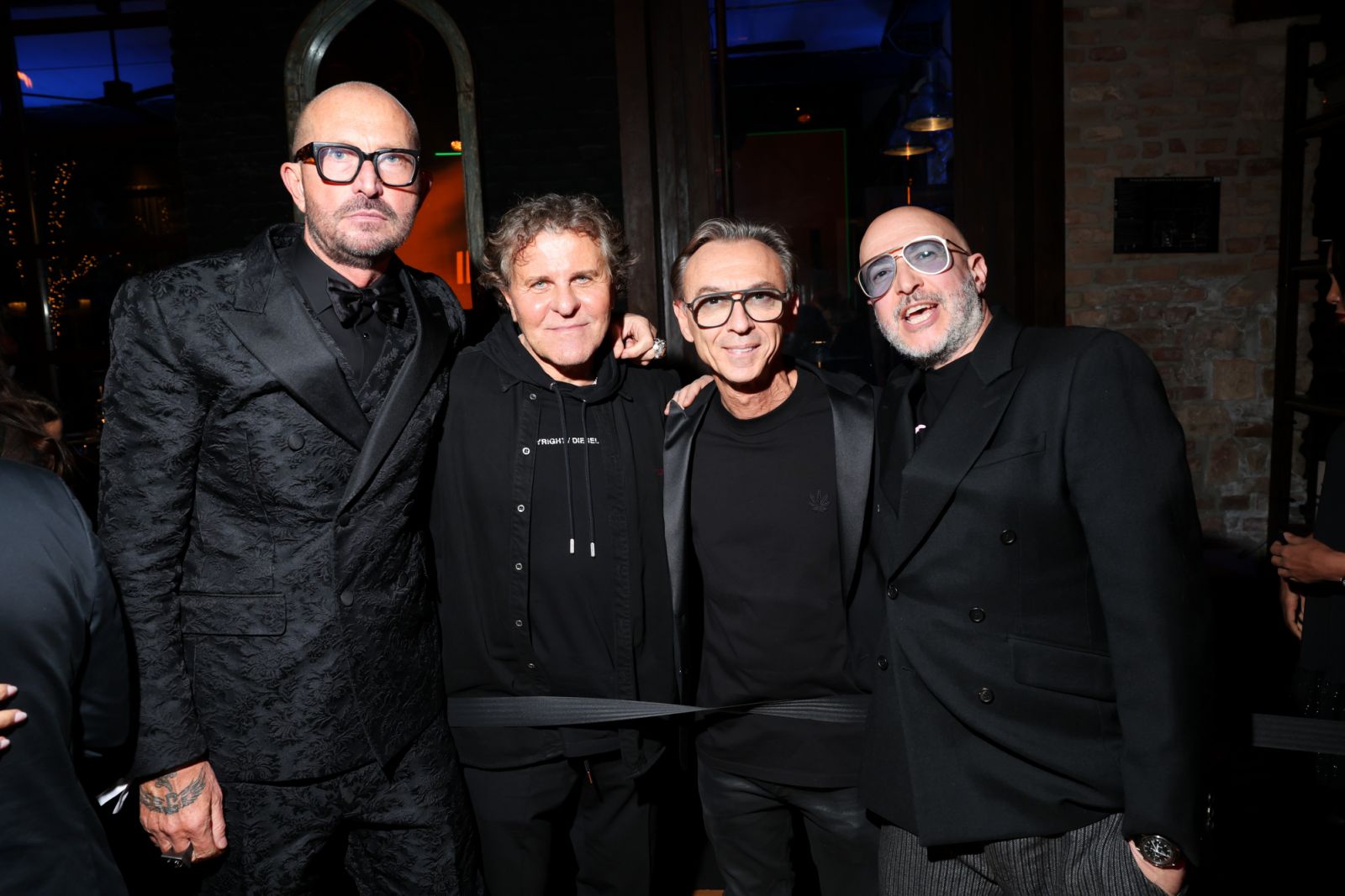 BRESCIA, ITALY - MARCH 10: Giacomo Maiolini, Renzo Rosso, Alberto Di Molfetta, aka Albertino and Saturino attend the Giacomo Maiolini birthday party on March 10, 2023 in Brescia, Italy. (Photo by Jacopo Raule/Getty Images for Time Records )