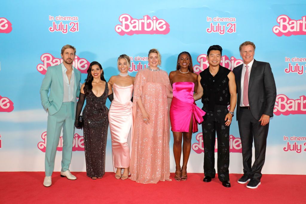 From left: Ryan Gosling, America Ferrera, Margot Robbie, Greta Gerwig, Issa Rae, Simu Liu and Will Ferrell at The European Premiere Of "Barbie" at Cineworld Leicester Square on July 12, 2023 in London, England (Photo: John Phillips/Getty Images for Warner Bros)