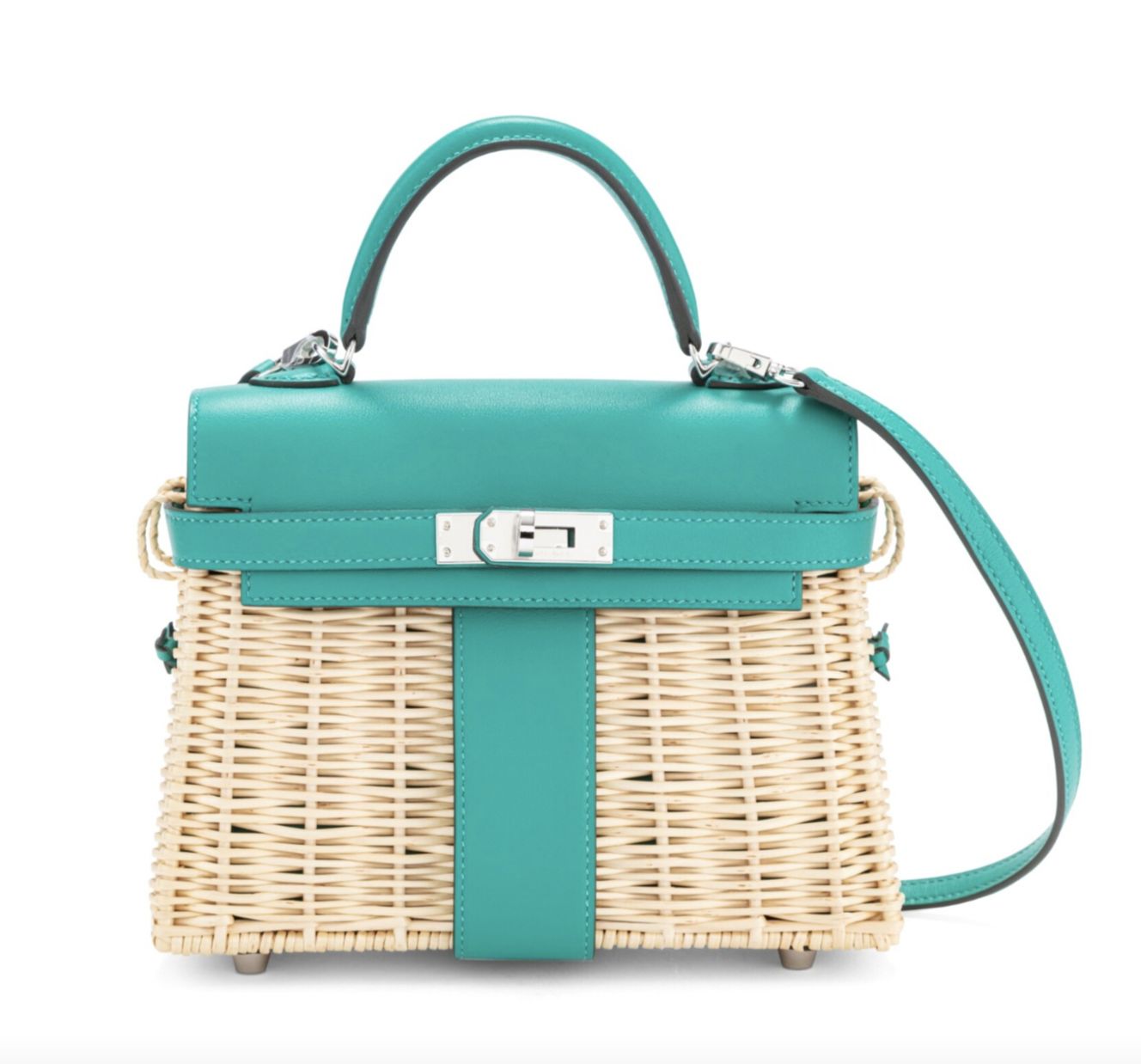 愛馬仕維羅納綠色 Swift 小牛皮拼編織柳條20公分迷你野餐凱莉包,配鍍鈀金屬件,2021年。(Photo via Christie's)