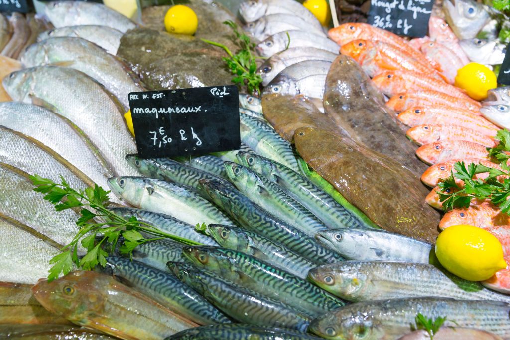 ILE DE RE, FRANCE - SEPTEMBER 12: Raw fish including mackerel on display for sale in food market on September 12, 2015 in St Martin de Re, Ile de Re, France. (Photo by Tim Graham/Getty Images)