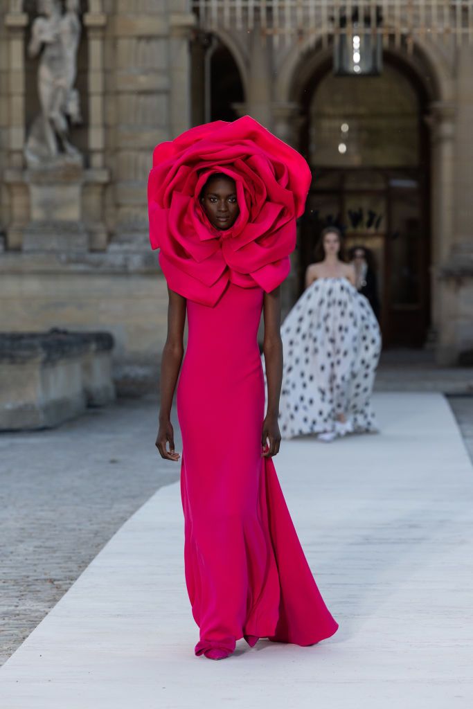 CHANTILLY, FRANCE - JULY 05: (EDITORIAL USE ONLY - For Non-Editorial use please seek approval from Fashion House) A model walks the runway during the Valentino Haute Couture Fall/Winter 2023/2024 show as part of Paris Fashion Week at Chateau de Chantilly on July 05, 2023 in Chantilly, France. (Photo by Peter White/Getty Images)