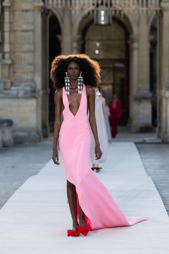 CHANTILLY, FRANCE - JULY 05: (EDITORIAL USE ONLY - For Non-Editorial use please seek approval from Fashion House) A model walks the runway during the Valentino Haute Couture Fall/Winter 2023/2024 show as part of Paris Fashion Week at Chateau de Chantilly on July 05, 2023 in Chantilly, France. (Photo by Peter White/Getty Images)