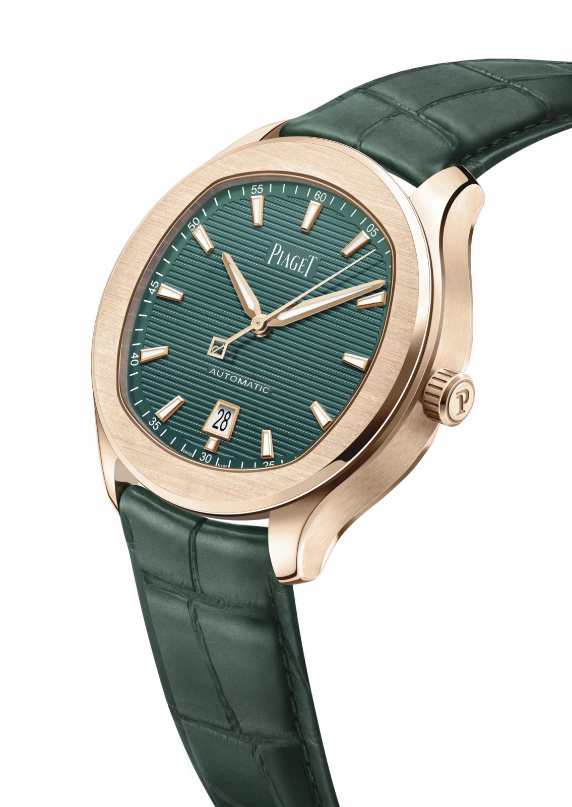 PIAGET Polo系列18K玫瑰金孔雀綠日期顯示自動上鍊腕錶。(Photo: Piaget)
