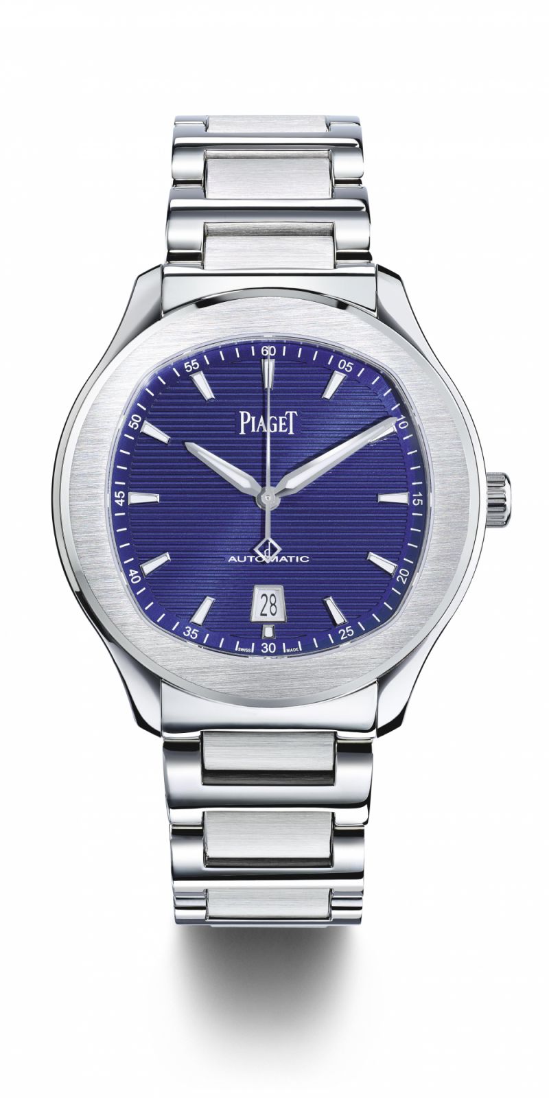 PIAGET Polo系列伯爵藍日期顯示精鋼自動上鍊腕錶。(Photo: Piaget)