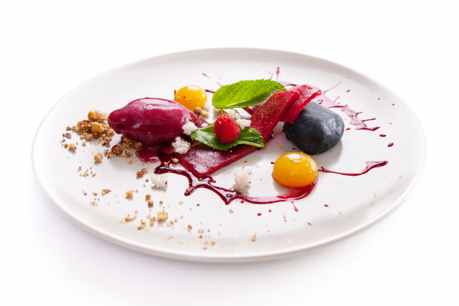 elegant dessert molecular cuisine on a white background.