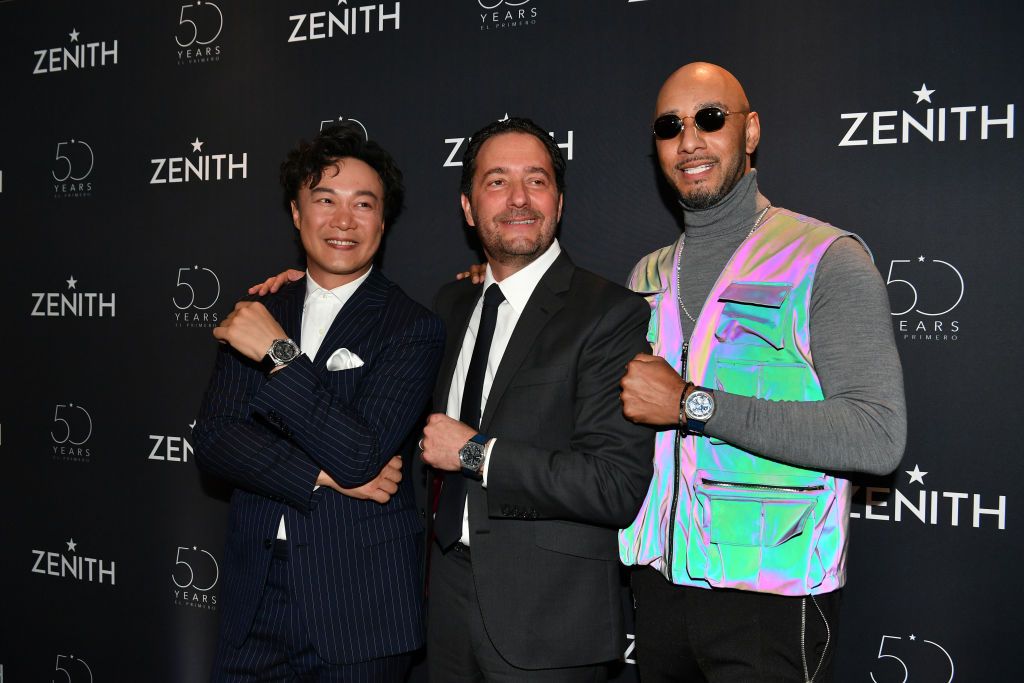 BASEL, SWITZERLAND - MARCH 20: (L-R) Singer Eason Chan, Julien Tornare, CEO of Zenith, and music producer Swizz Beatz attend the Zenith press conference during the Baselworld 2019 watch trade fair on March 20, 2019 in Basel, Switzerland. The Baselworld trade show runs from March 21-26. (Photo by Harold Cunningham/Getty Images for Zenith Watches)
