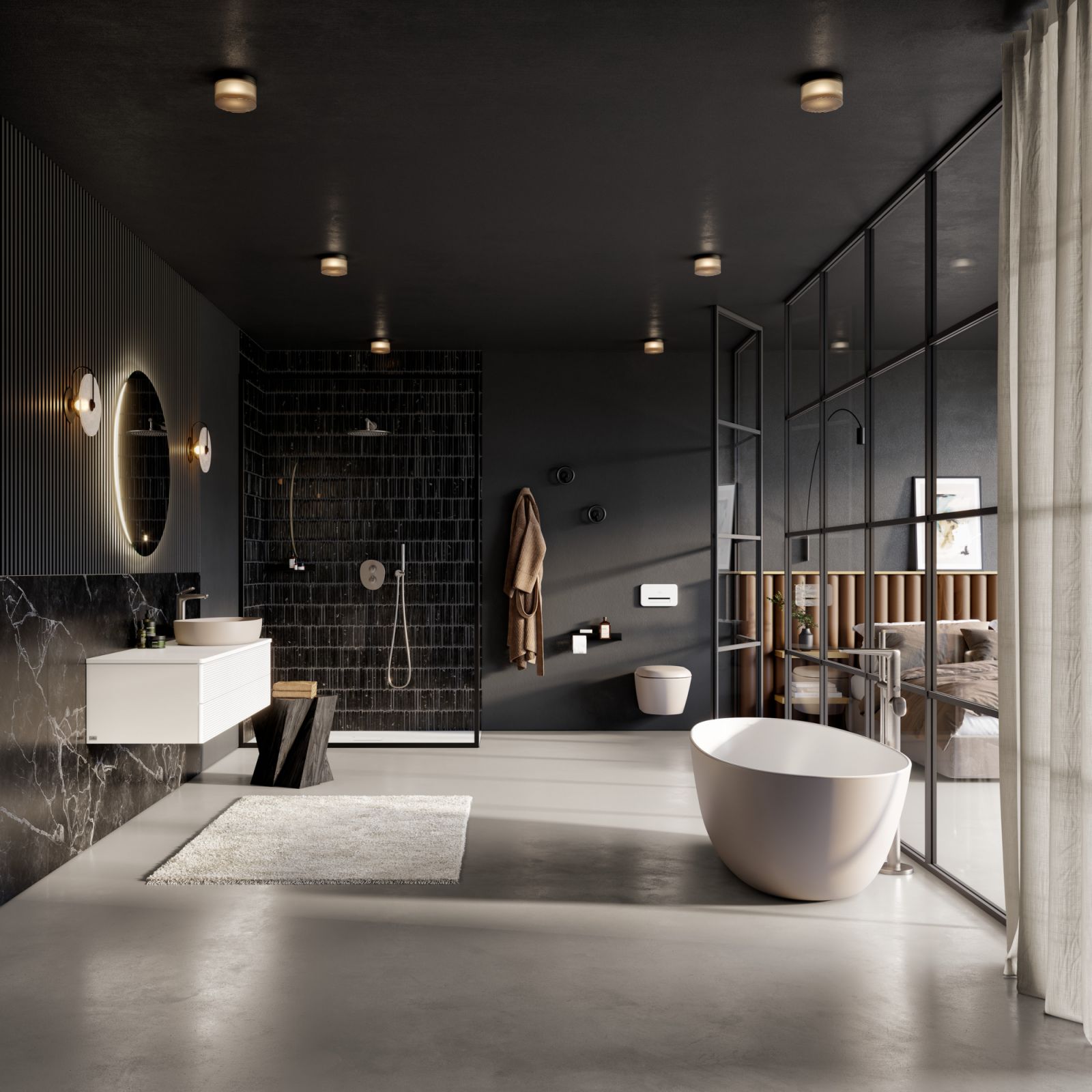 A chic bathroom with crisp white ceramics