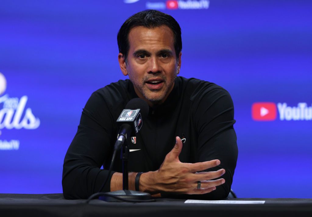 DENVER, COLORADO - JUNE 04: Head coach Erik Spoelstra of the Miami Heat speaks to media after a 111-108 victory against the Denver Nuggets in Game Two of the 2023 NBA Finals at Ball Arena on June 04, 2023 in Denver, Colorado. NOTE TO USER: User expressly acknowledges and agrees that, by downloading and or using this photograph, User is consenting to the terms and conditions of the Getty Images License Agreement. (Photo by Matthew Stockman/Getty Images)