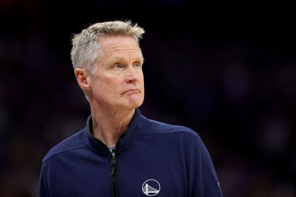 SACRAMENTO, CALIFORNIA - APRIL 26: Golden State Warriors head coach Steve Kerr stands on the side of the court during Game Five of the Western Conference First Round Playoffs against the Sacramento Kings at Golden 1 Center on April 26, 2023 in Sacramento, California. NOTE TO USER: User expressly acknowledges and agrees that, by downloading and or using this photograph, User is consenting to the terms and conditions of the Getty Images License Agreement. (Photo by Ezra Shaw/Getty Images)
