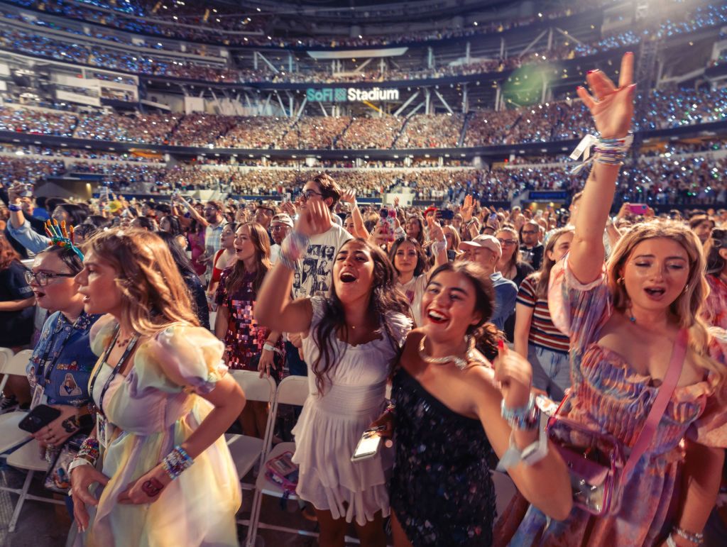 Inglewood, CA - August 07: Fans enjoy Taylor Swift's performance during The Eras Tour at SoFi Stadium in Inglewood Monday, Aug. 7, 2023. (Allen J. Schaben / Los Angeles Times via Getty Images)