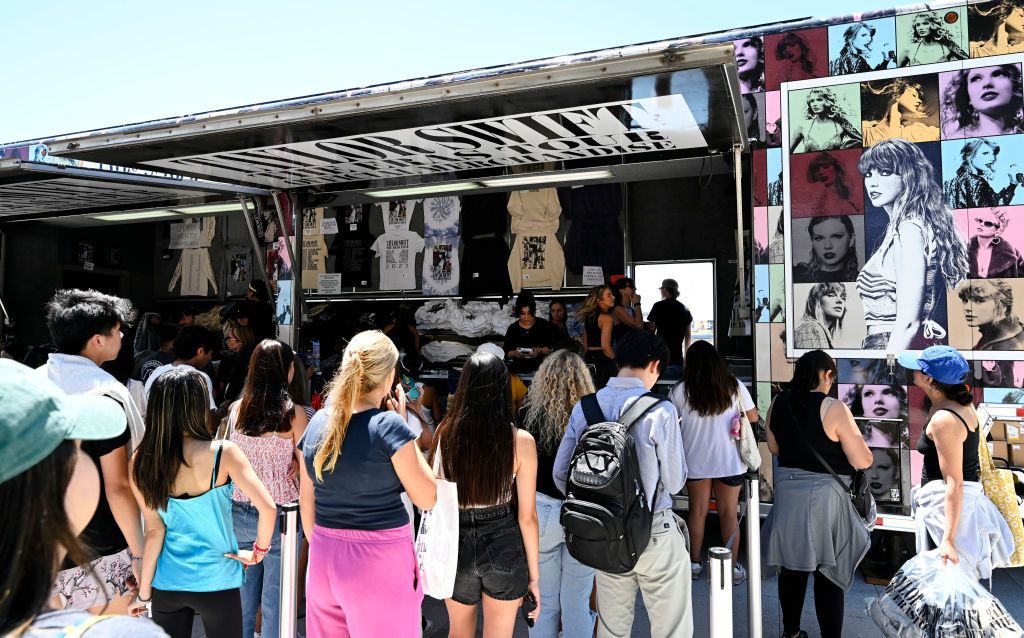 Inglewood, CA - August 02: A crew of hard working people were busy filling orders as fans lined up by the thousands to purchase Taylor Swift merchandise at SoFi Stadium in Inglewood on Wednesday, August 2, 2023. The Eras Tour at SoFi officially begins Thursday, with additional performances set for Friday, Saturday, Monday, Tuesday and Wednesday. Some of the merchandise is venue only and therefore sales were limited, 2 per person and even then items were selling out quickly. (Photo by Brittany Murray/MediaNe