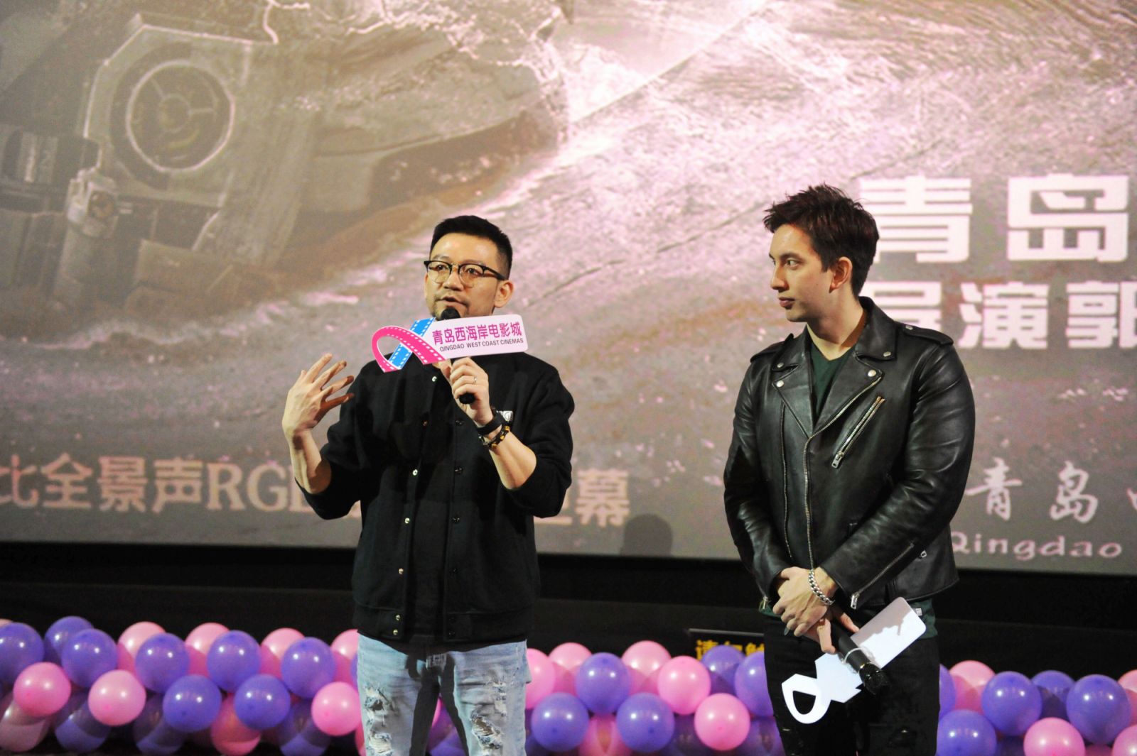 QINGDAO, CHINA - FEBRUARY 17: Director Frant Gwo (aka Guo Fan) and actor Mike Sui (R) attend a road show of movie 'The Wandering Earth' at Qingdao West Coast Cinemas on February 17, 2019 in Qingdao, Shandong Province of China. (Photo by Visual China Group via Getty Images/Visual China Group via Getty Images)