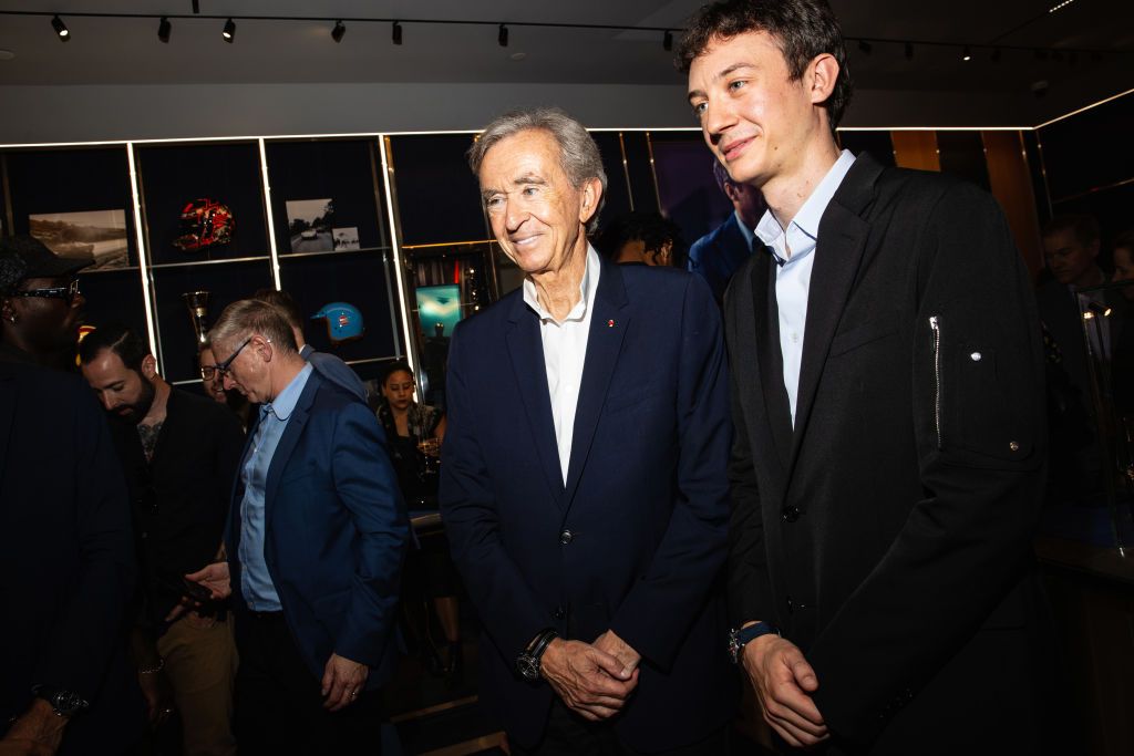 Bernard Arnault and Frédéric Arnault at the TAG Heuer 5th Avenue Flagship Grand Opening Celebration on July 12, 2023 in New York, New York. (Photo by Lexie Moreland/WWD via Getty Images)