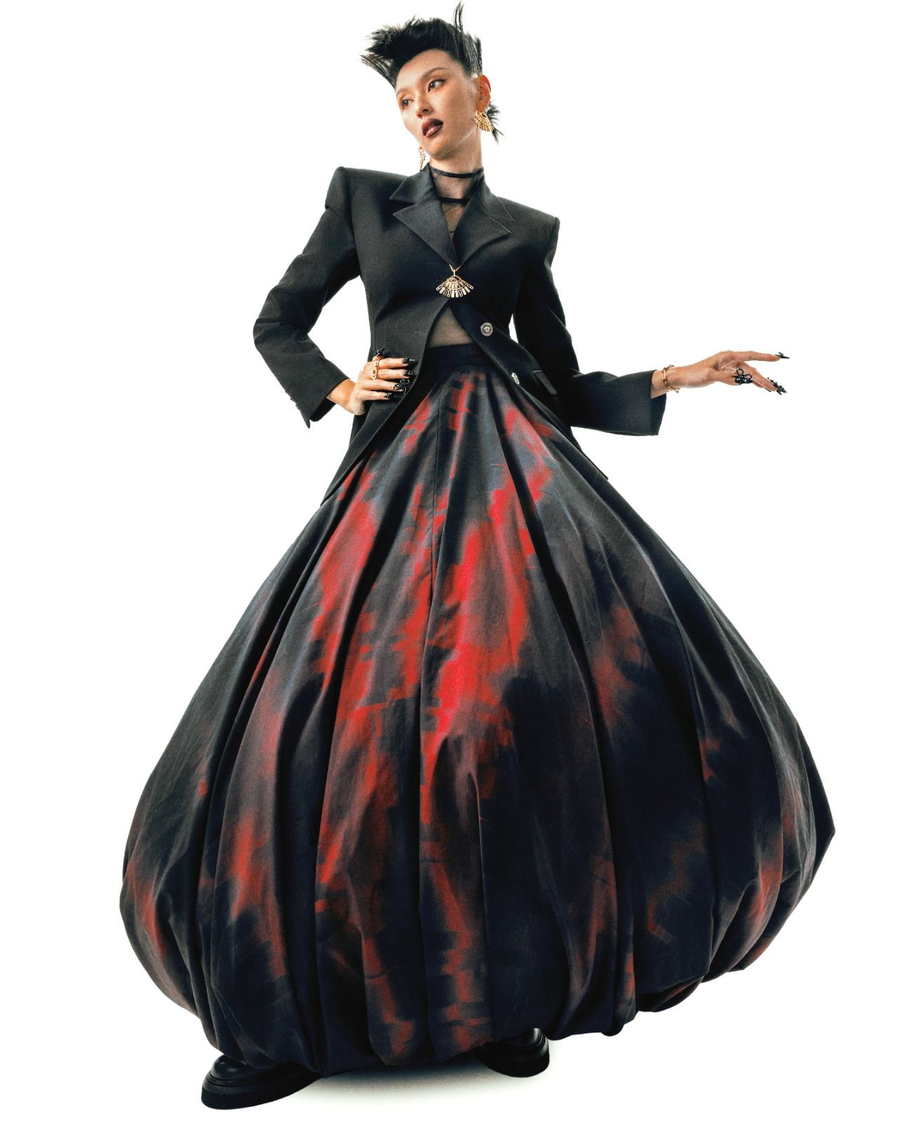 Versace blazer; Buerlangma top, skirt; Max Mara boots; Messika Paris high jewellery Imperial Move earrings, necklace, rings, bracelet (Photo: Oscar Chik / Tatler Asia)