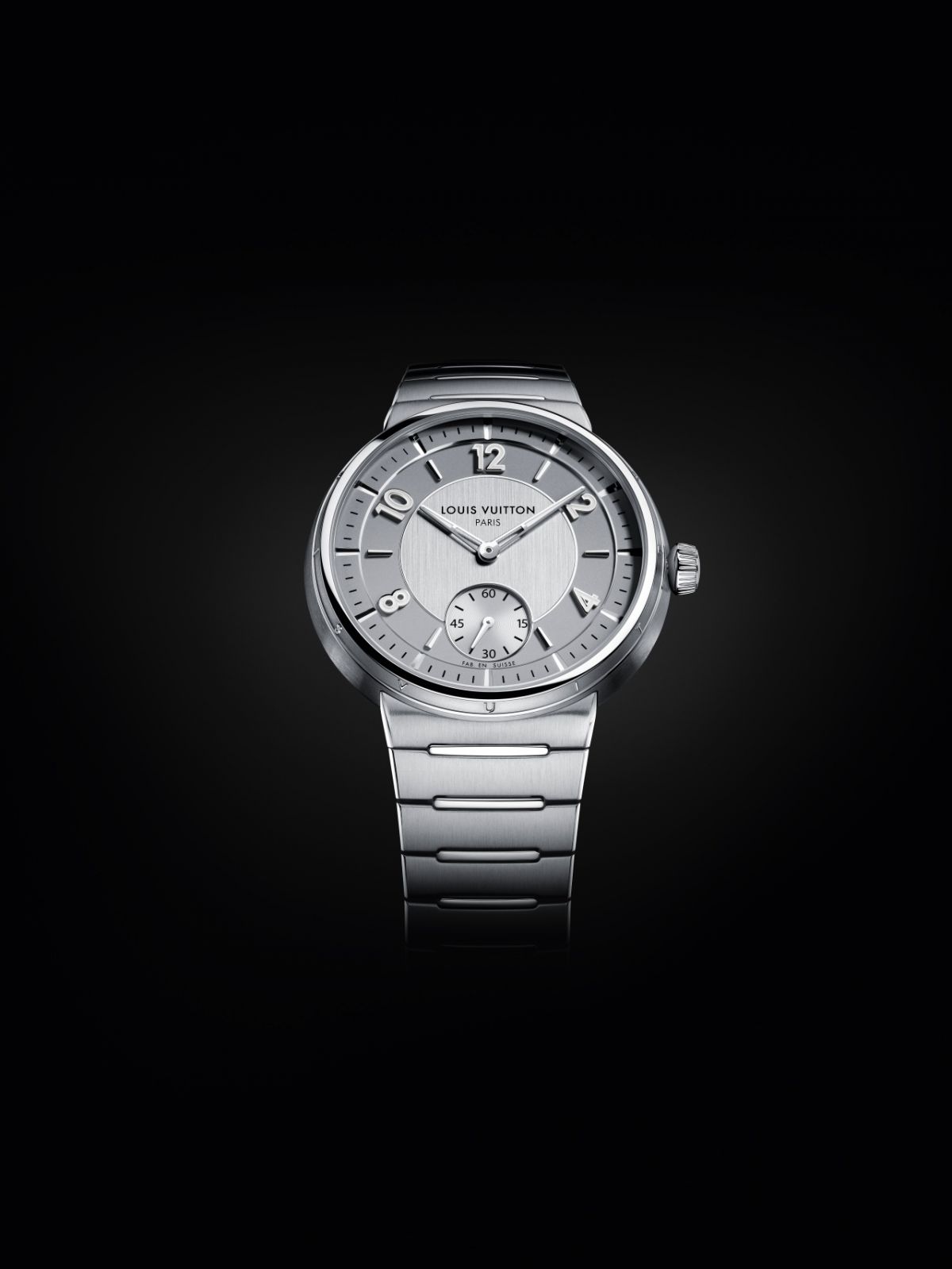 Tambour精鋼錶殼搭配灰色面盤。(photo: Louis Vuitton)