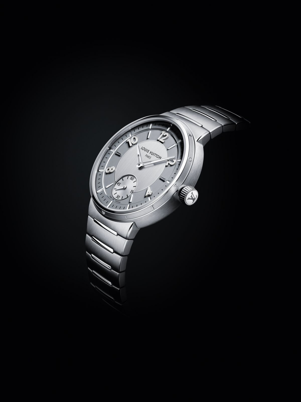 Tambour精鋼錶殼搭配灰色面盤。(photo: Louis Vuitton)
