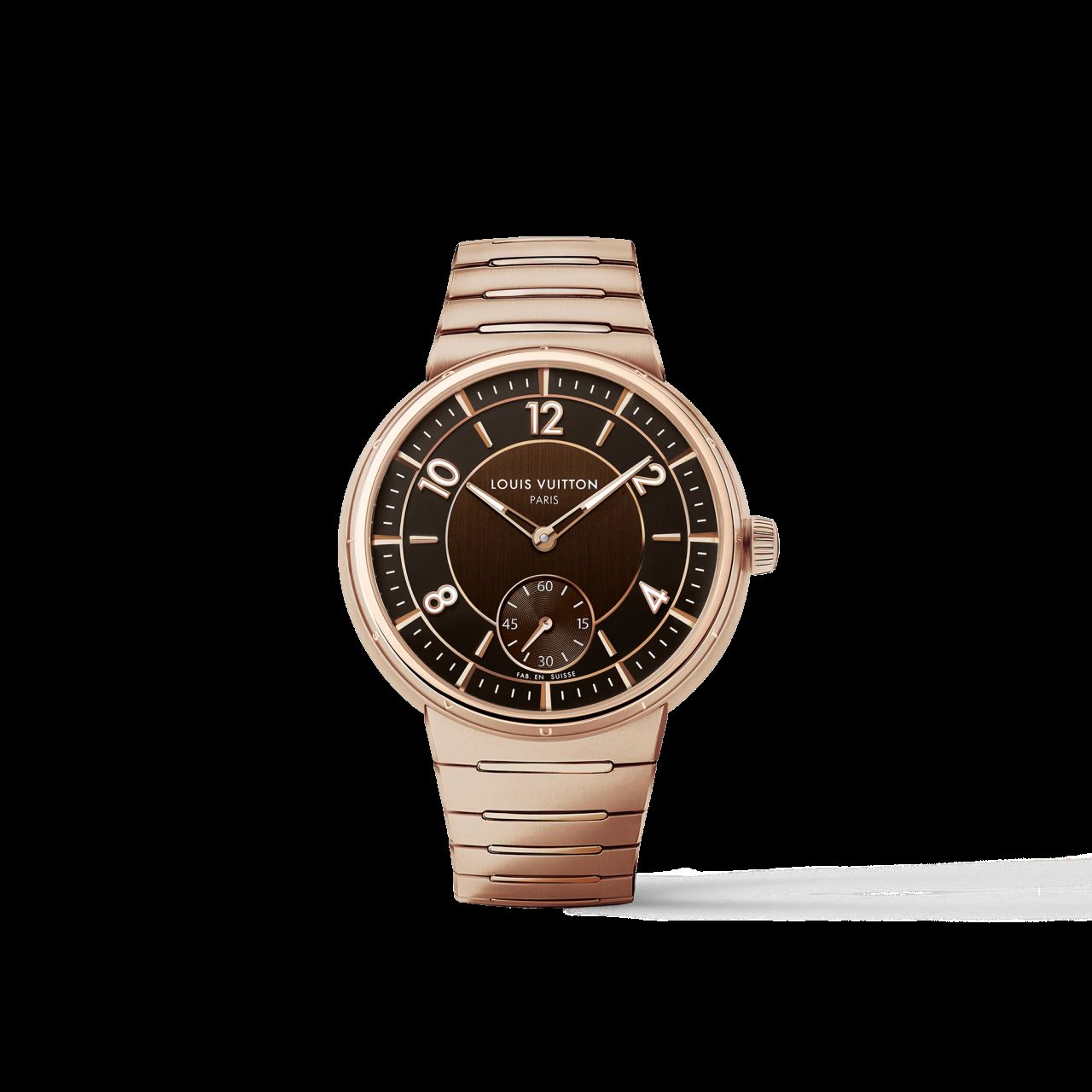 Tambour系列玫瑰金搭配棕色面盤。(photo: Louis Vuitton)
